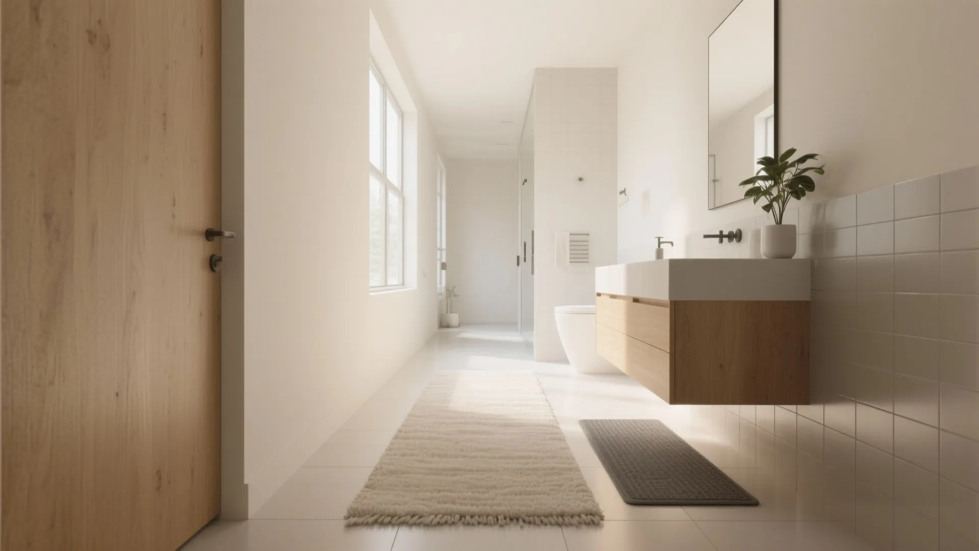 1. Low-pile off-white runner for narrow bathrooms