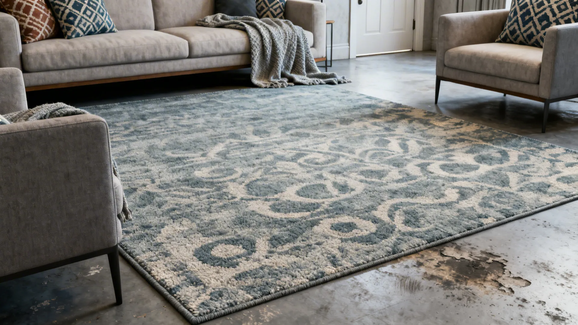 Blue and grey patterned rug on floor of living room with sofa and soft blanket