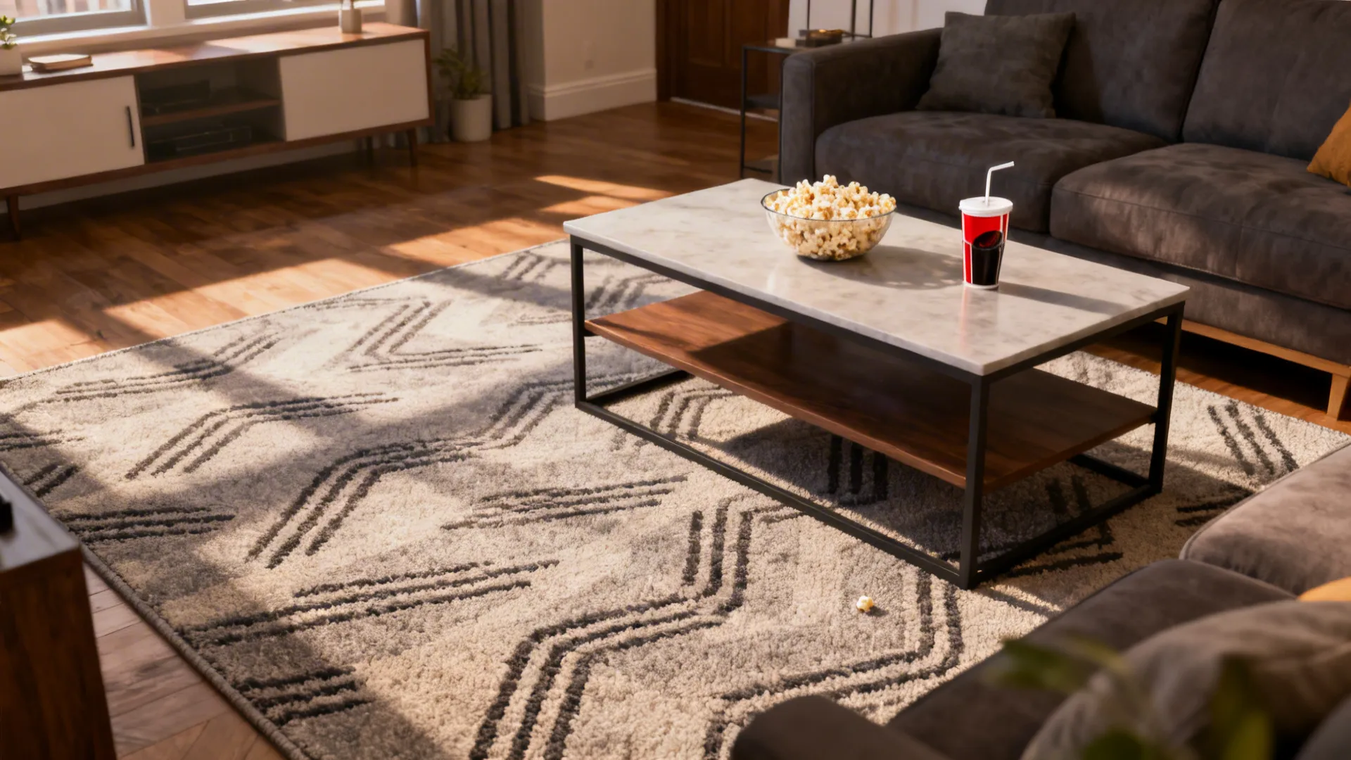 Townhouse seating area with a patterned low-pile polypropylene rug showing easy maintenance after a family movie night.