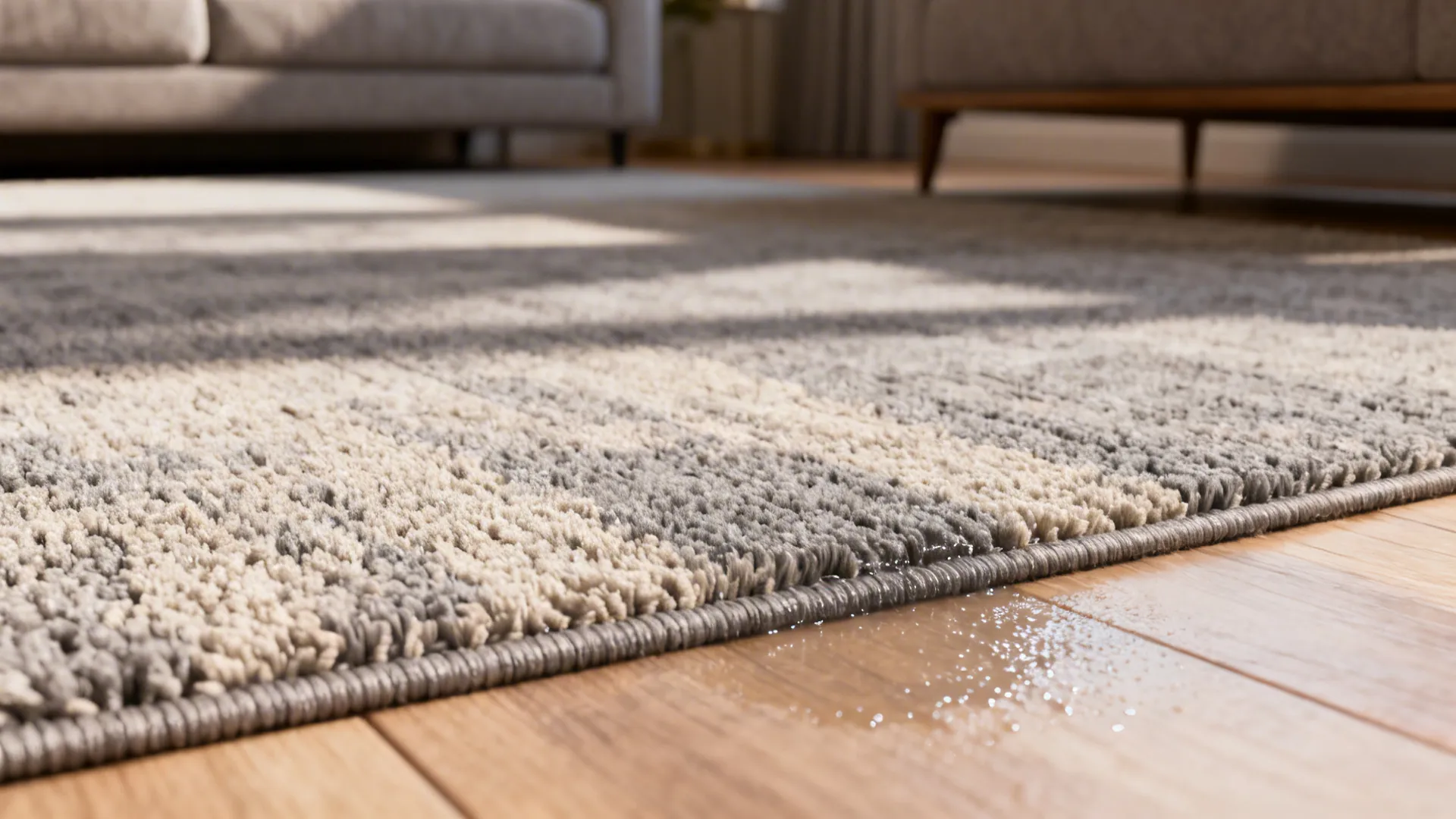Macro view of a low-pile synthetic rug showing tight fibers and easy-clean surface.