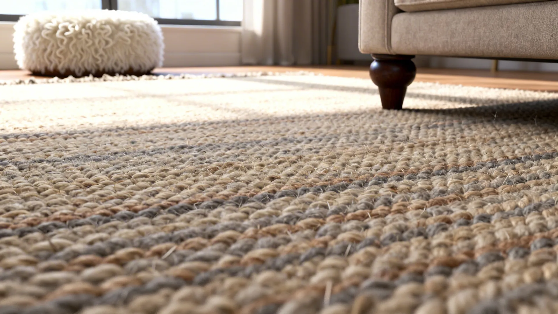 Macro view of a low-pile handloom wool rug beside a sofa leg and sheepskin pouf