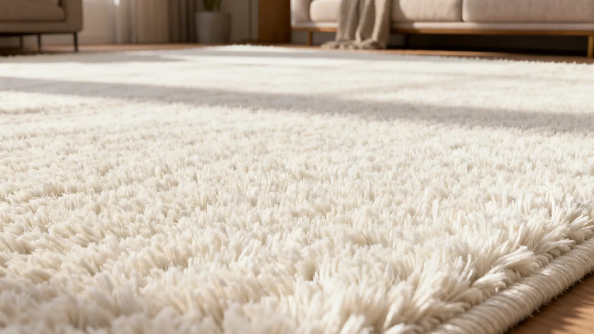 Macro detail of low-pile white wool rug showing tight natural fibers and texture.
