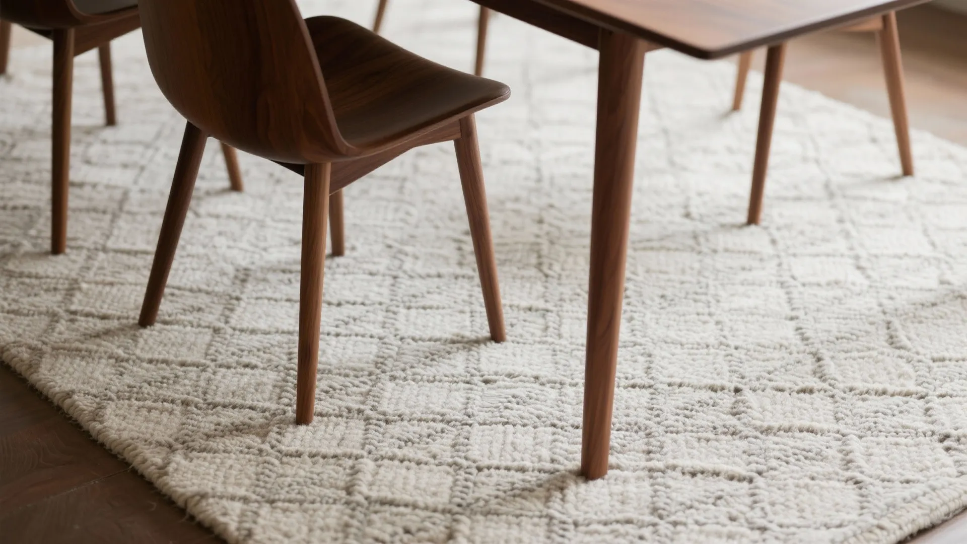 Close up of a wooden chair and table on a white patterned wool rug indoor