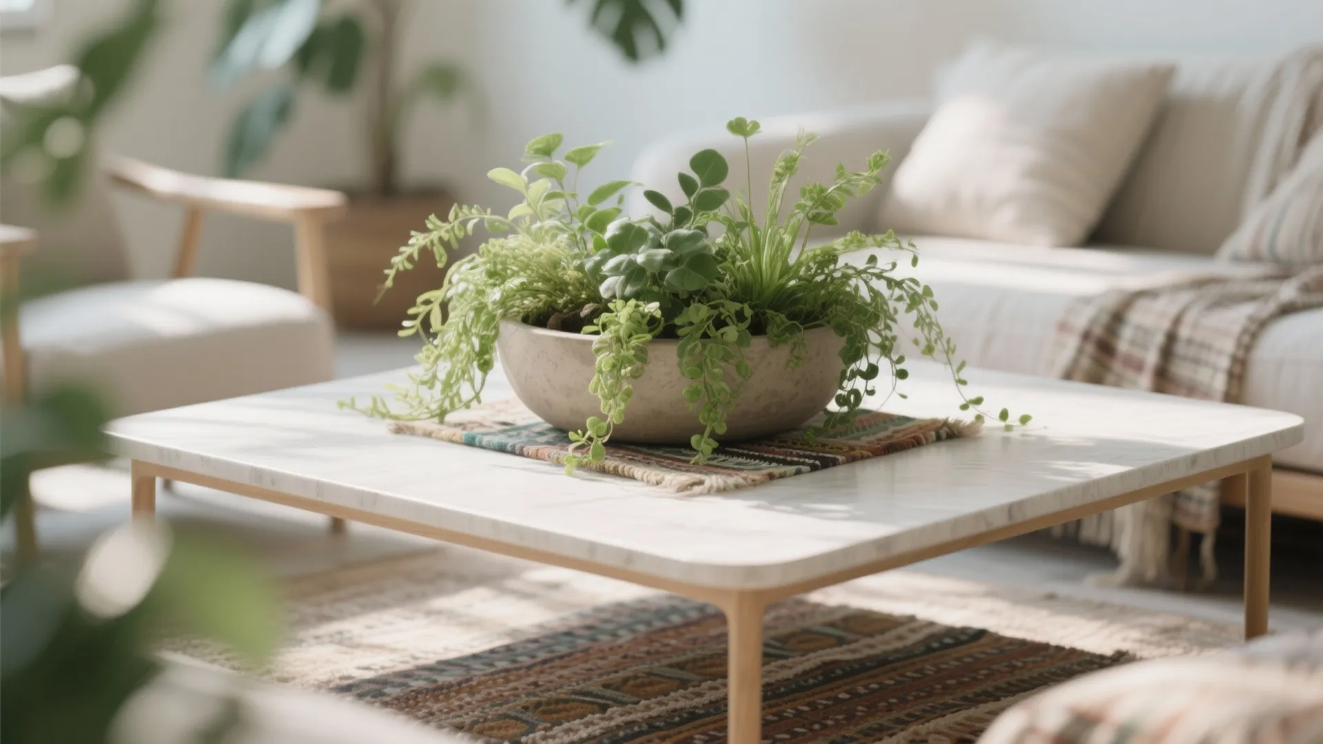 Green potted plant in stone bowl on white marble coffee table in bright living room