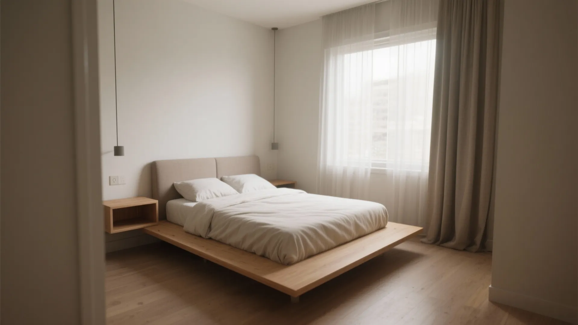 Minimalist bedroom with low wooden platform bed, white bedding, simple nightstands, and soft window curtains
