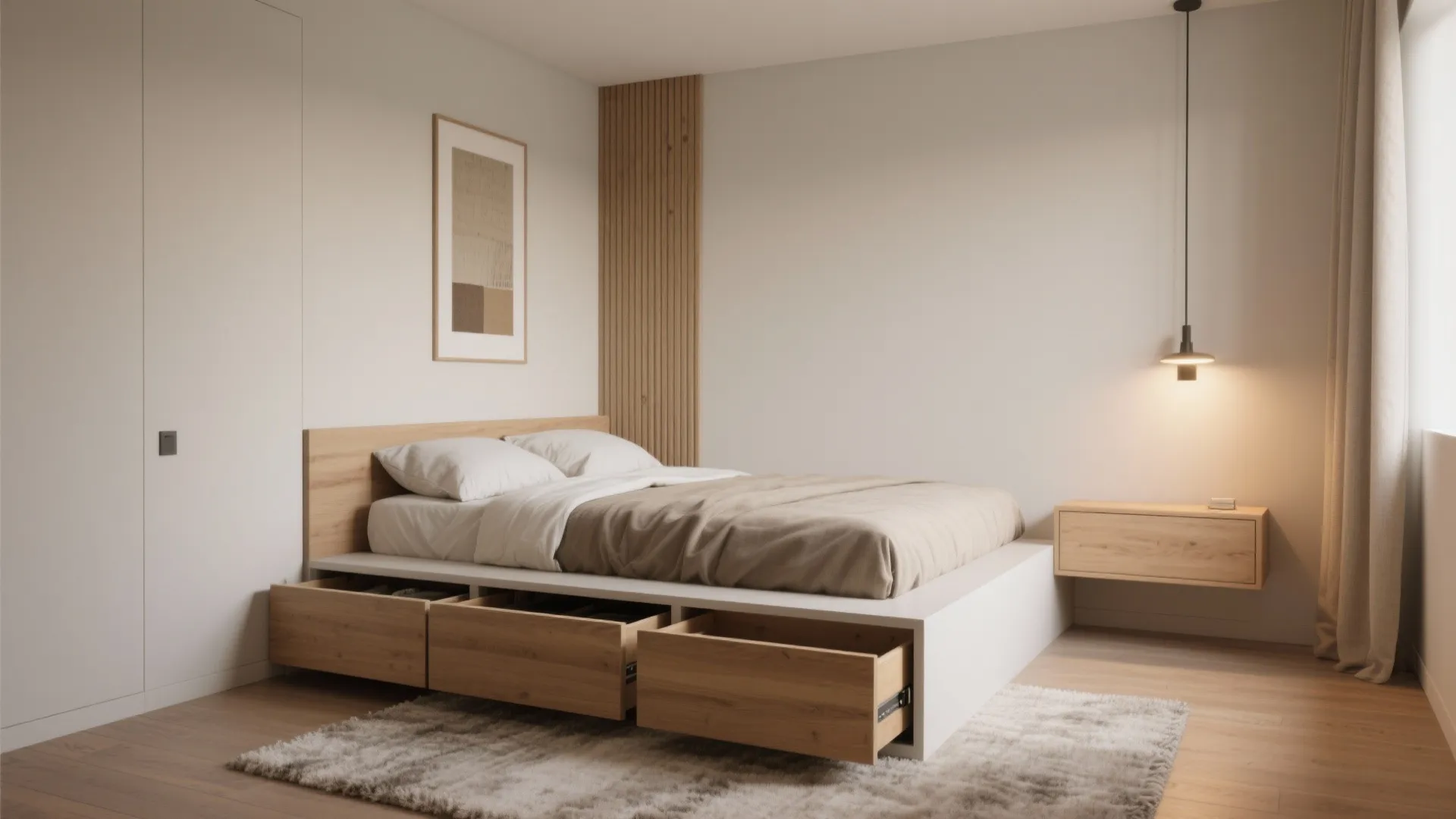 1. Low platform bed with built-in drawers