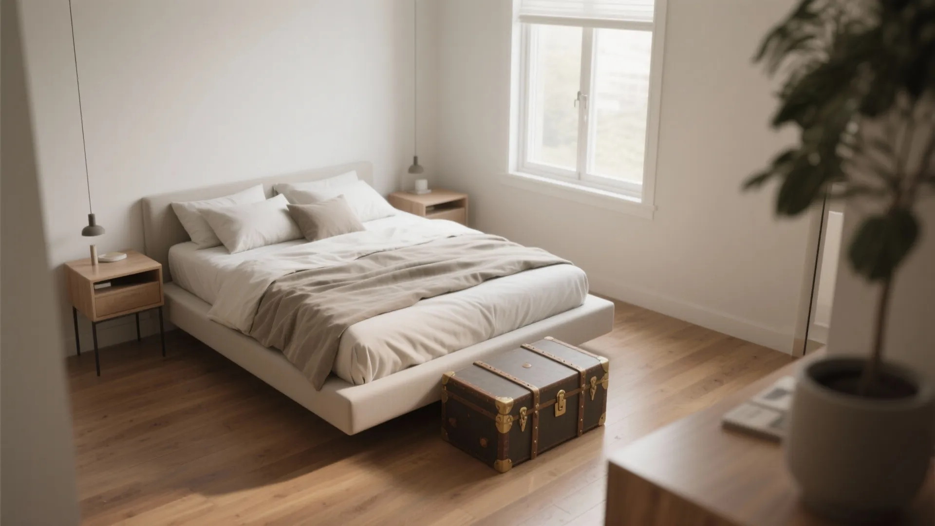 Minimalist white bedroom design with wooden floor and a vintage storage trunk near the bed