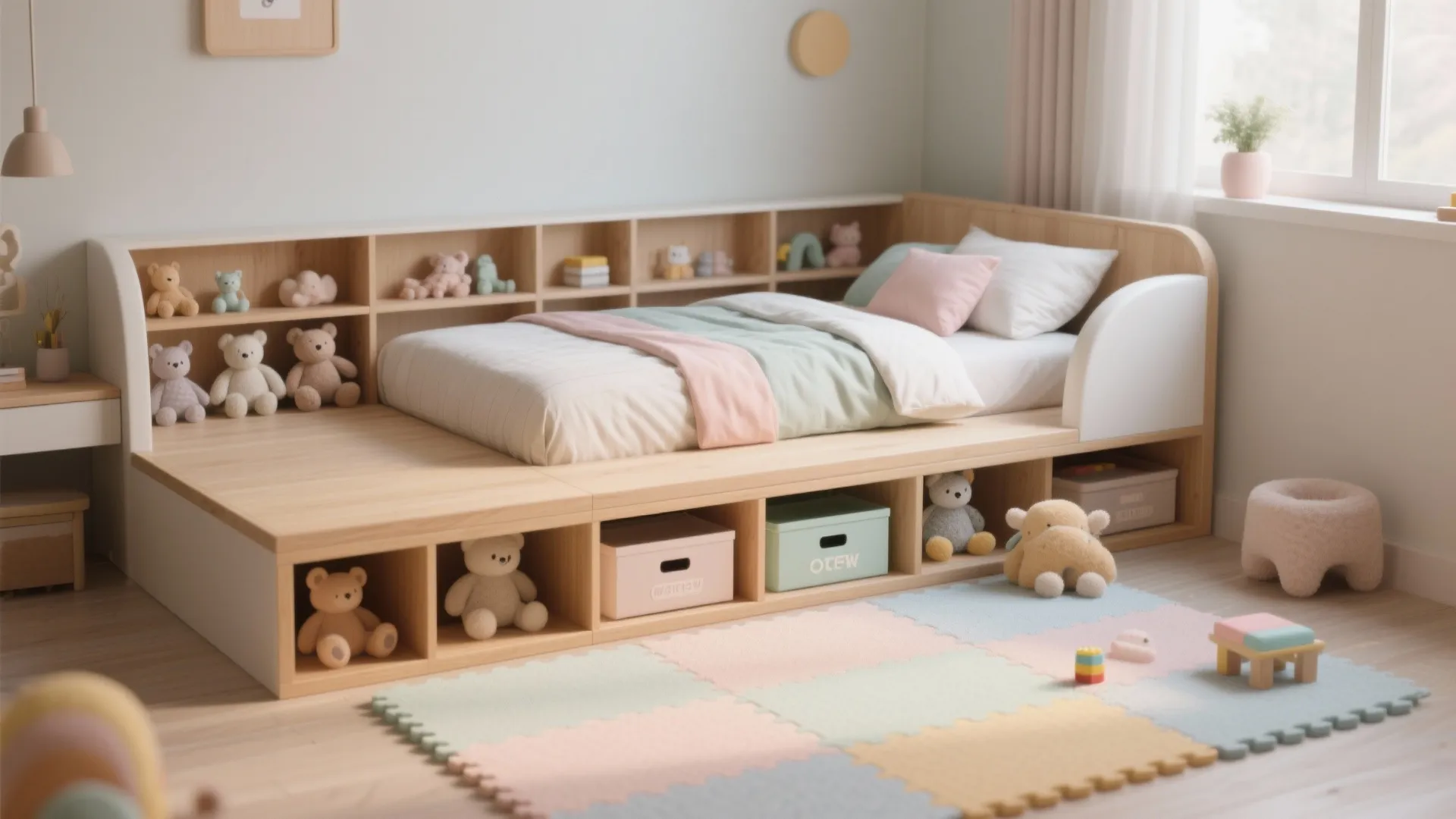 Childs room with wood platform bed featuring built in bookshelves storage drawers and soft play mat