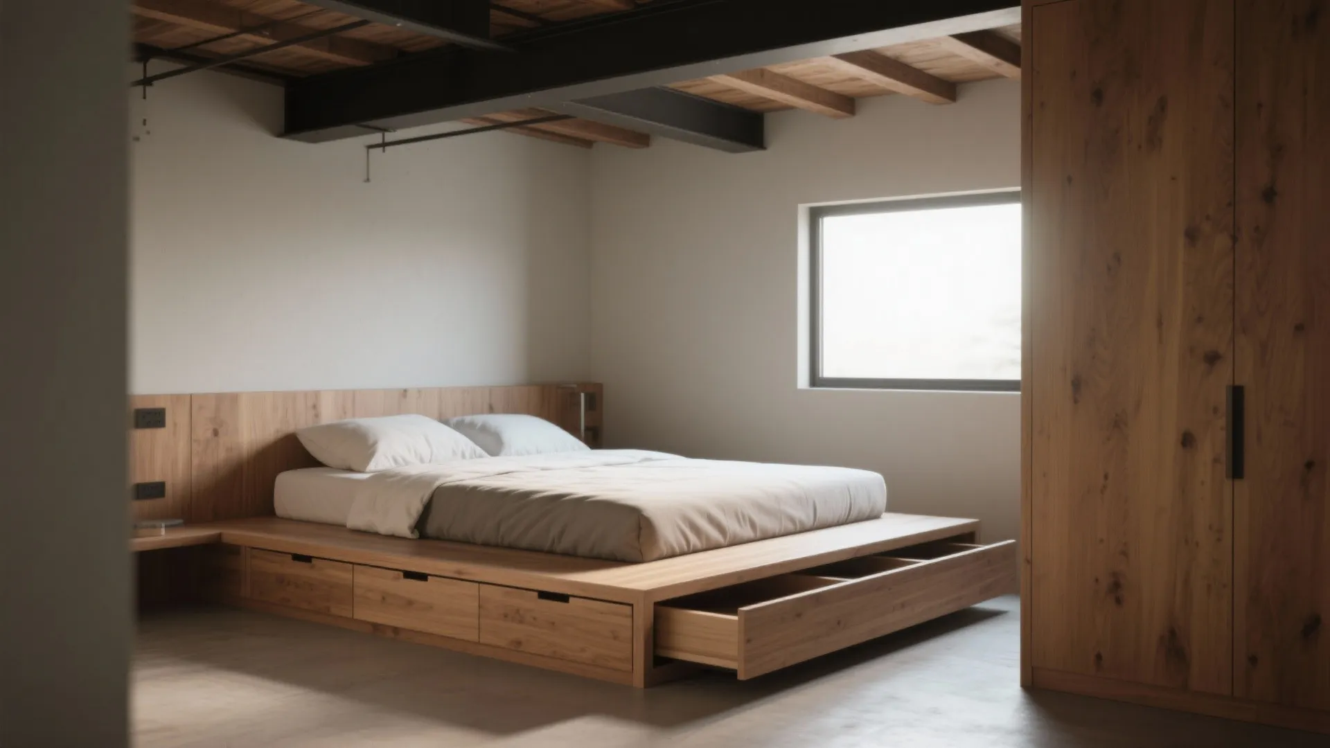 Low-profile platform bed with storage drawers beneath in a low-ceiling loft.