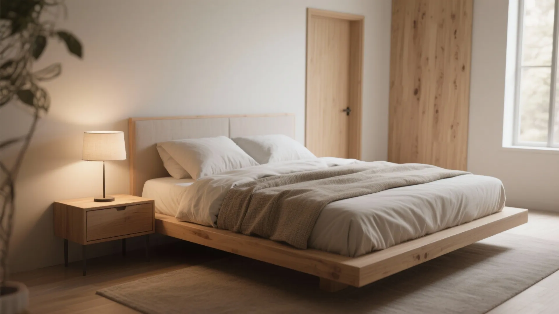Low-profile platform bed with floating nightstand and clear sightlines in a square bedroom