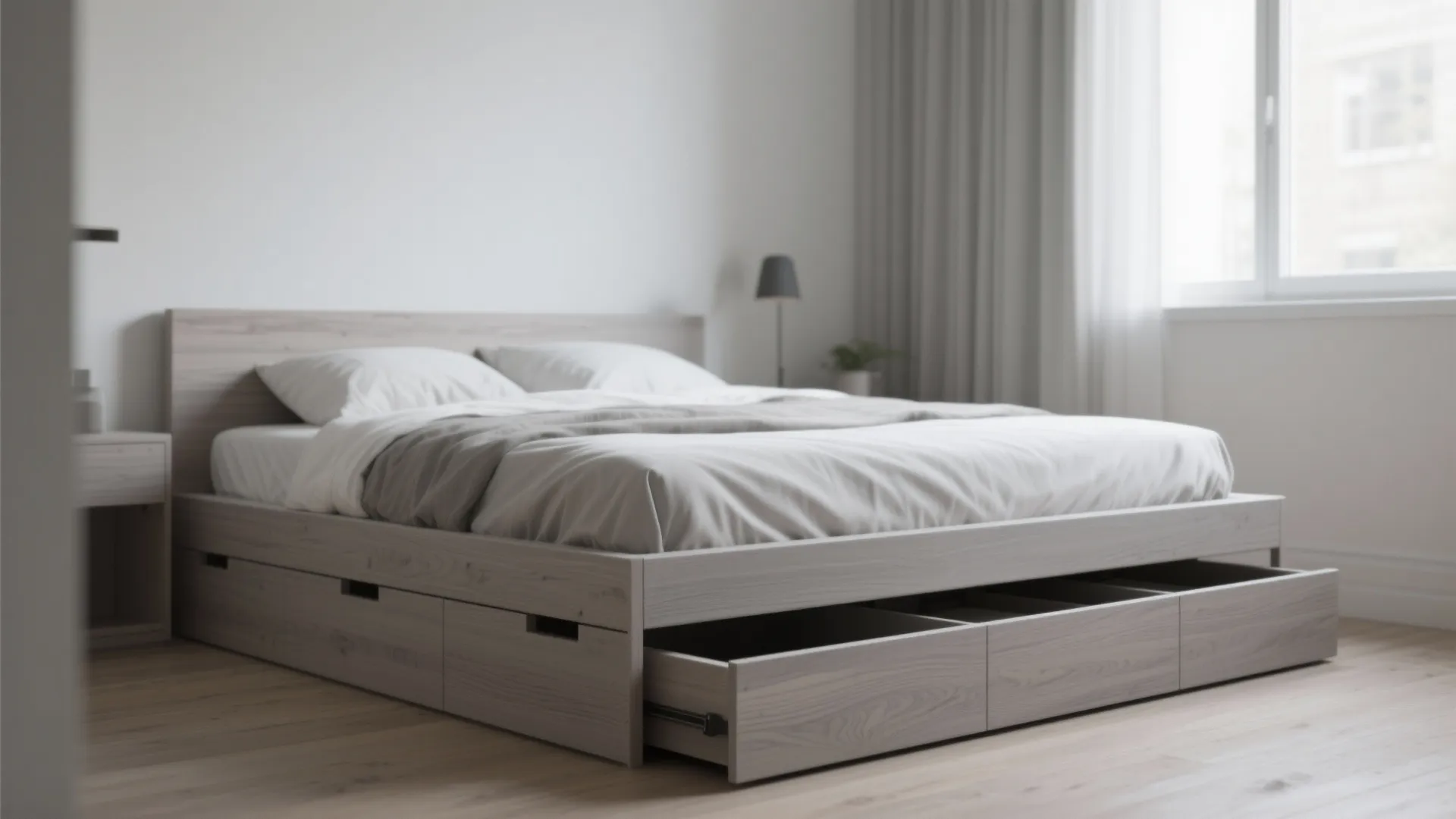 1. Low-profile platform bed in light grey oak