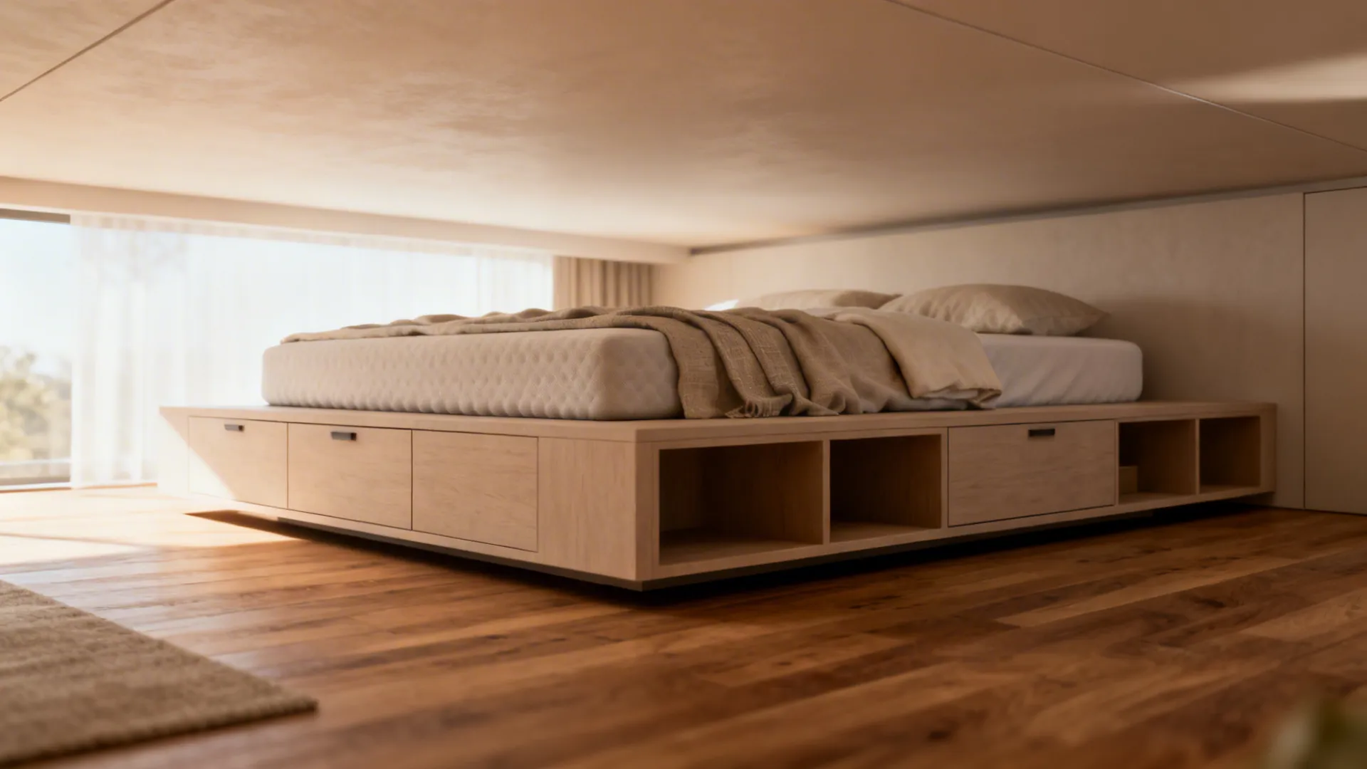 Minimalist low platform bed with built-in storage drawers and open shelves on dark wood flooring