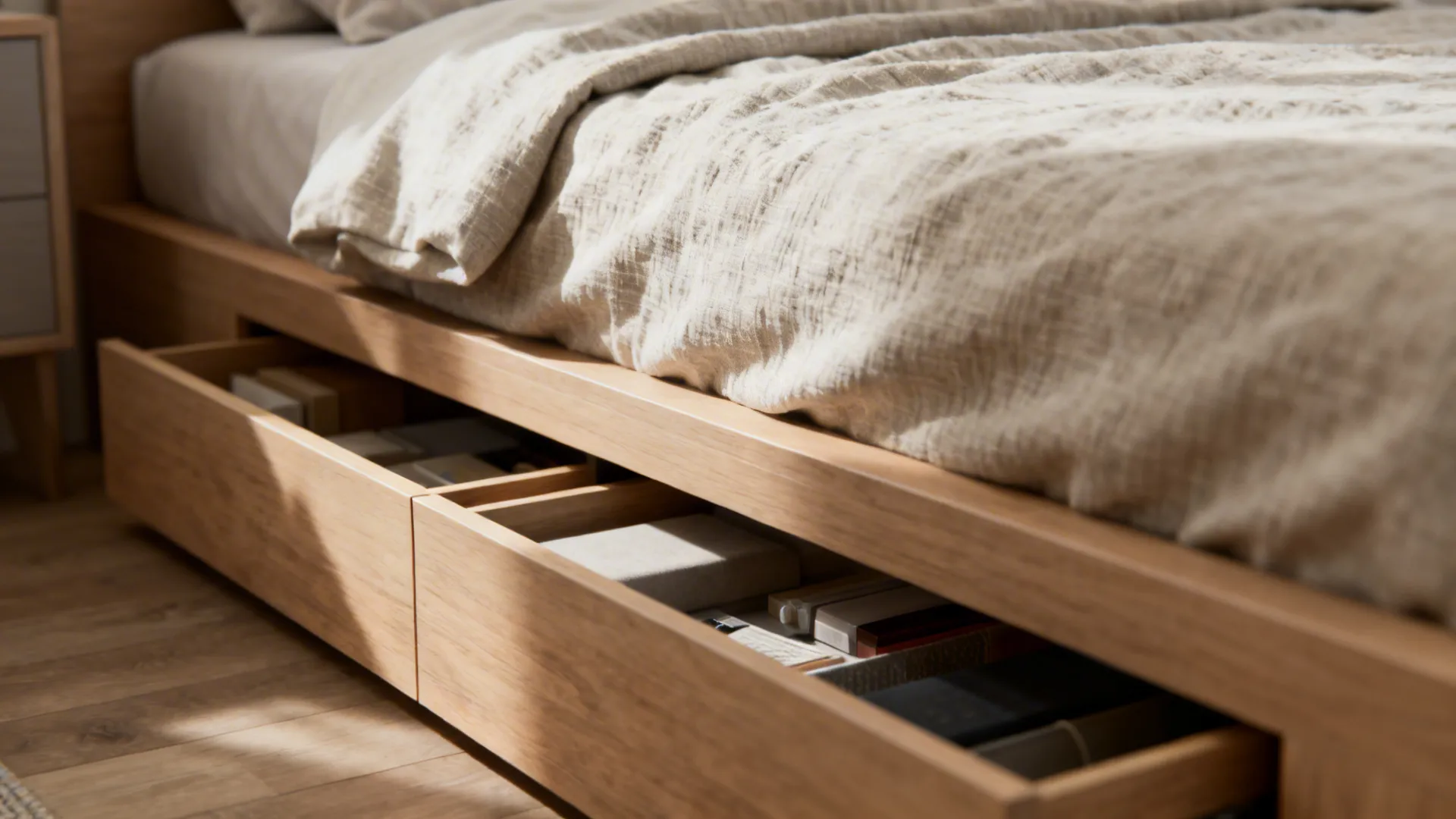Low-profile platform bed with integrated under-bed drawers in a small bedroom.