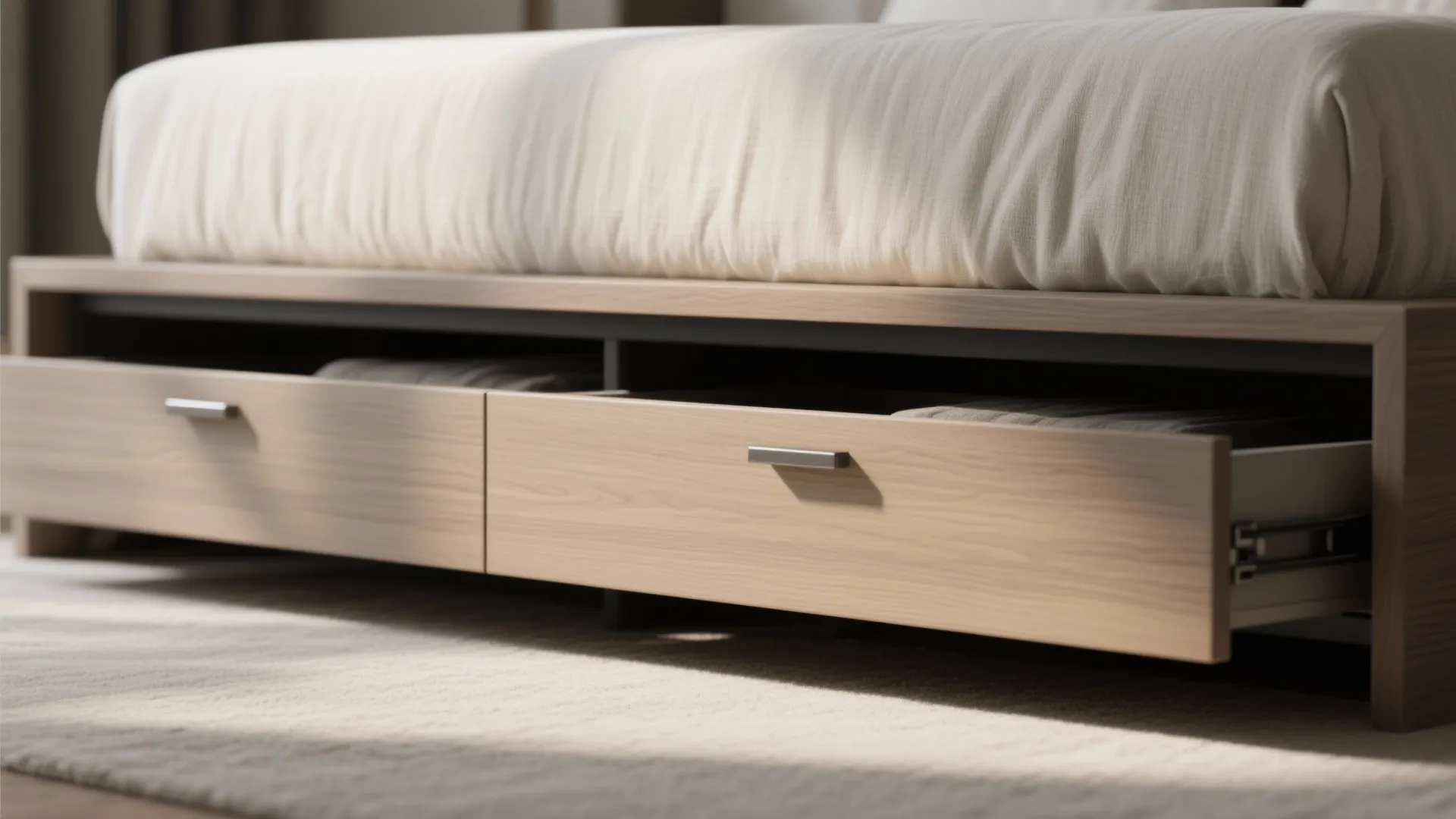 Low-profile bed frames and underbed storage