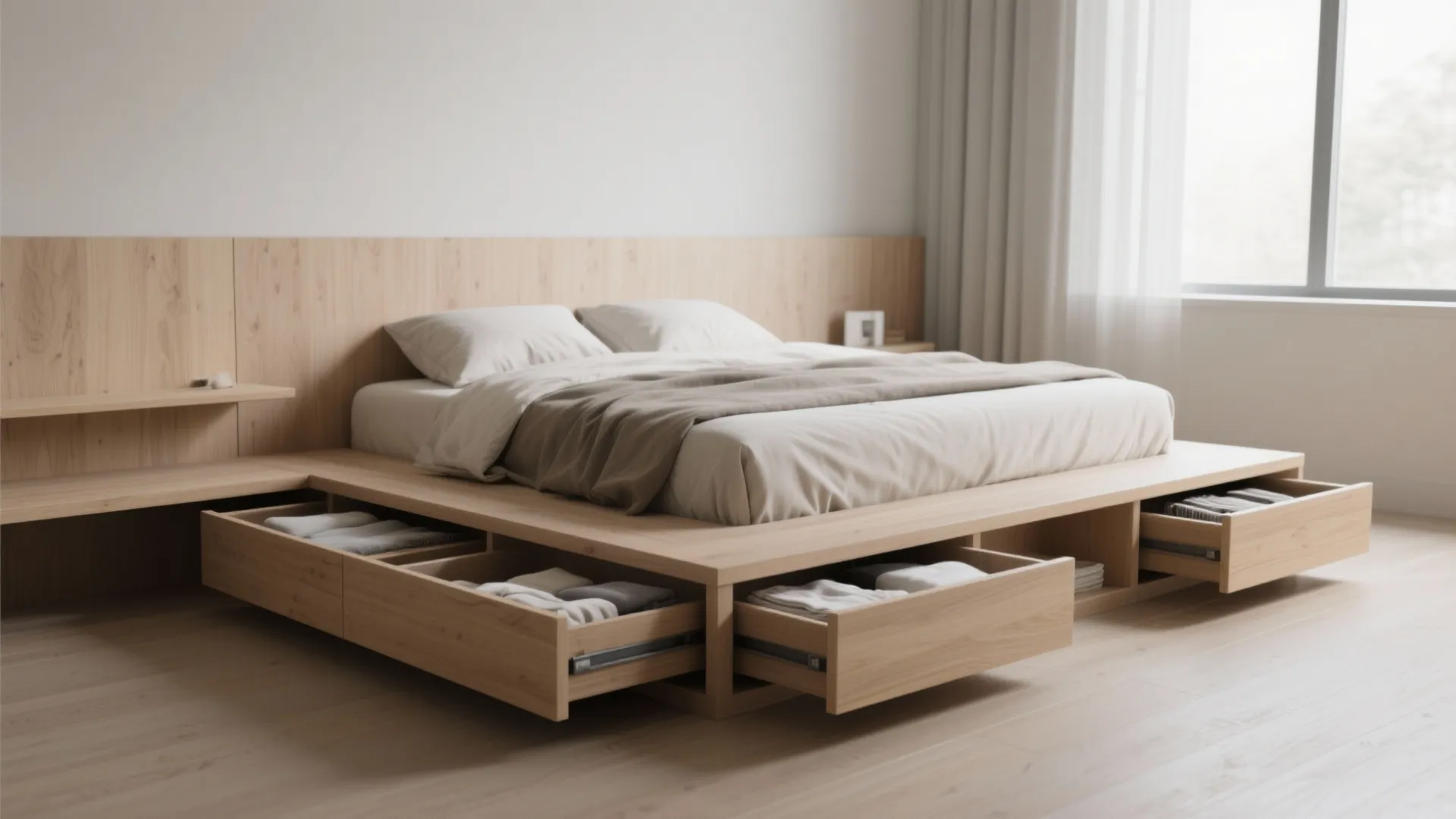 Low wooden platform bed with integrated deep drawers open, showing organized bedding and a tidy minimalist room.
