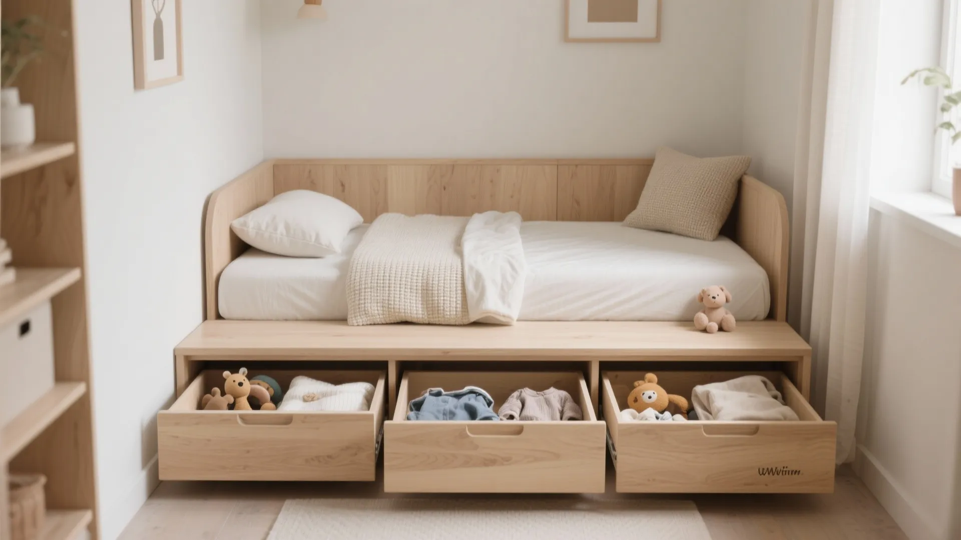 Low-profile platform toddler bed with built-in drawers in a small room with light oak finishes.