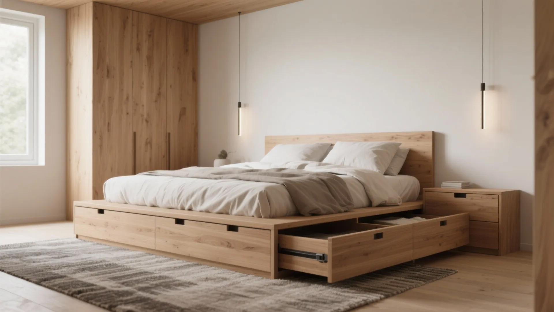 1. Low platform bed with integrated drawers