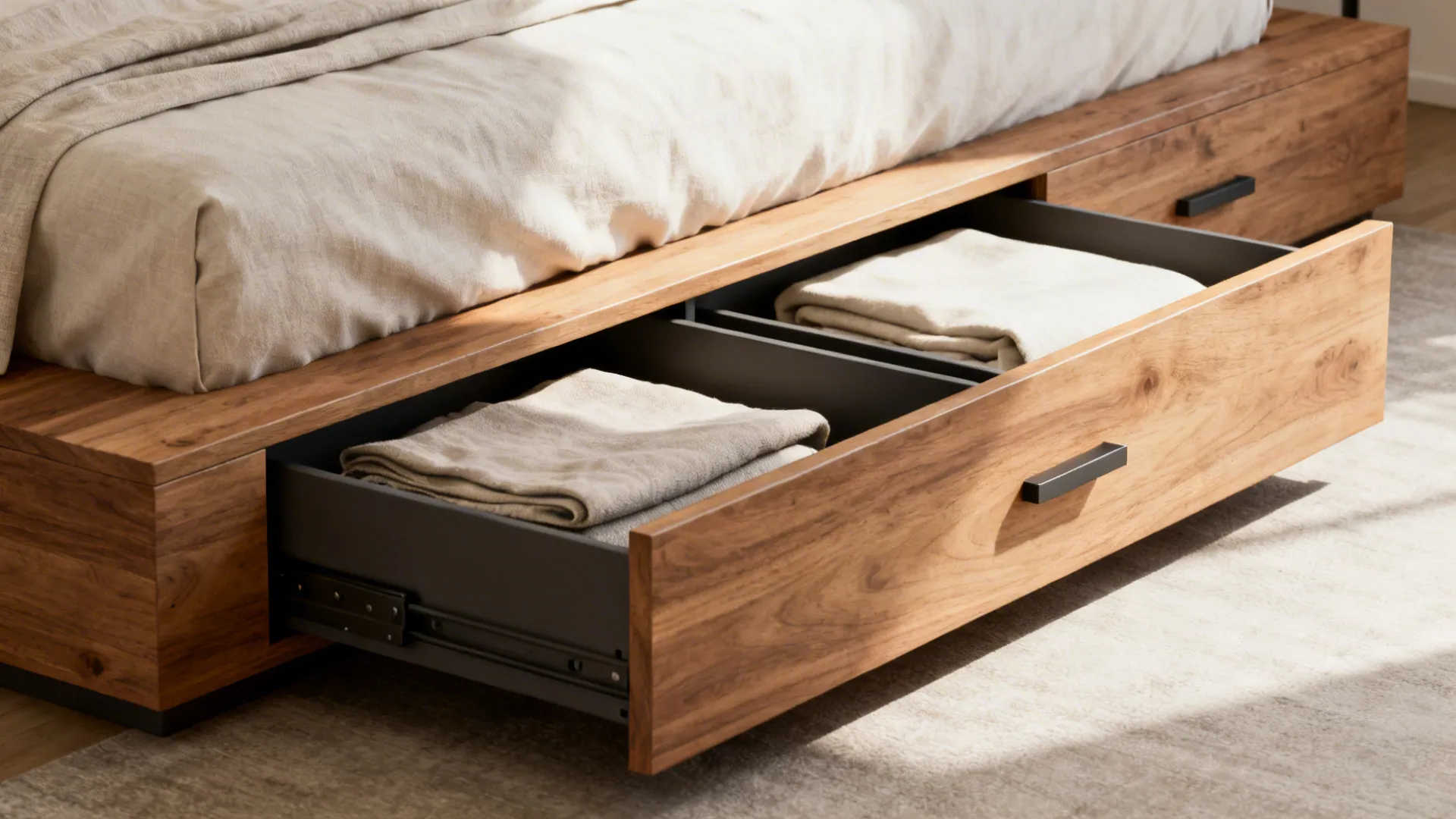 Low wooden platform bed with integrated underbed drawers and neatly folded linens