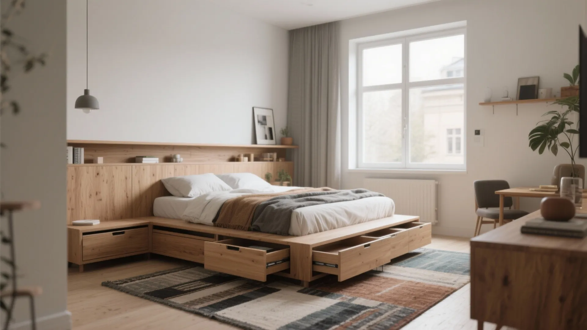 Wooden platform bed with open storage drawers in a modern bedroom with a large window