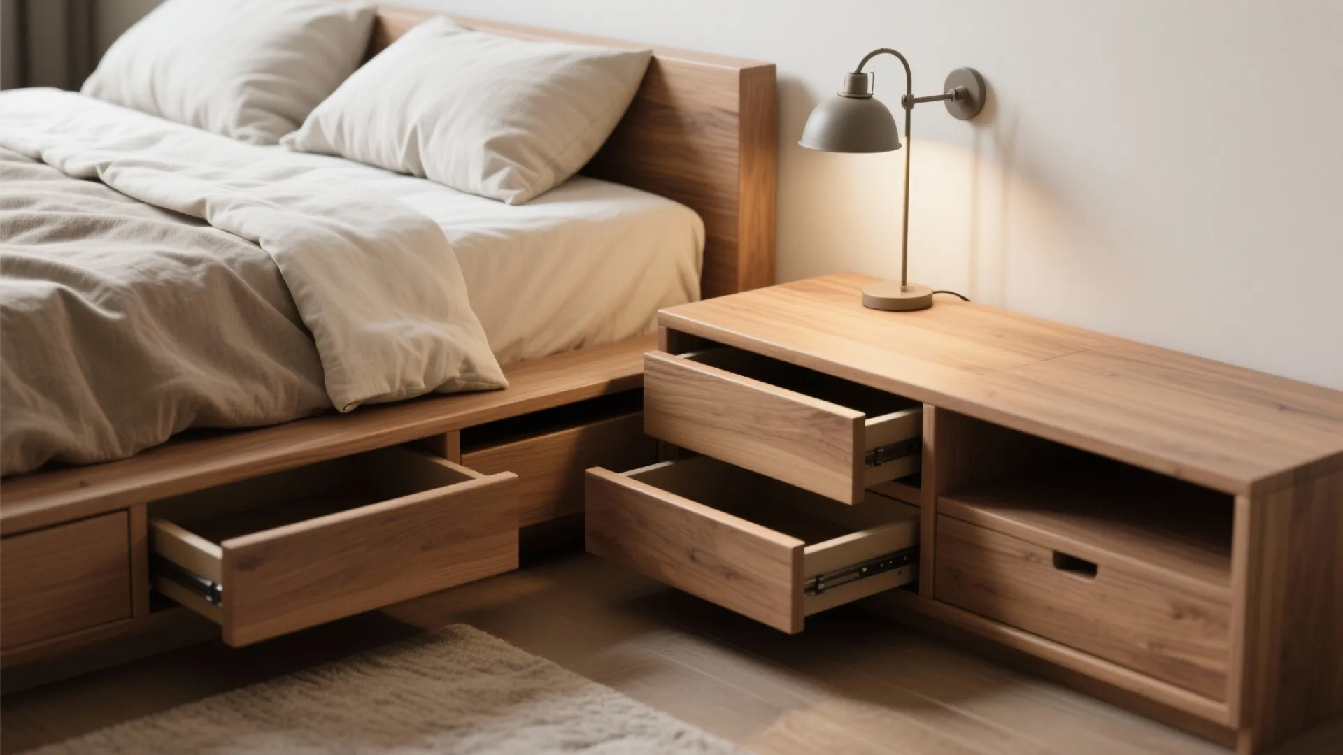 Wooden bed with open storage drawers next to a matching cabinet and a grey wall light