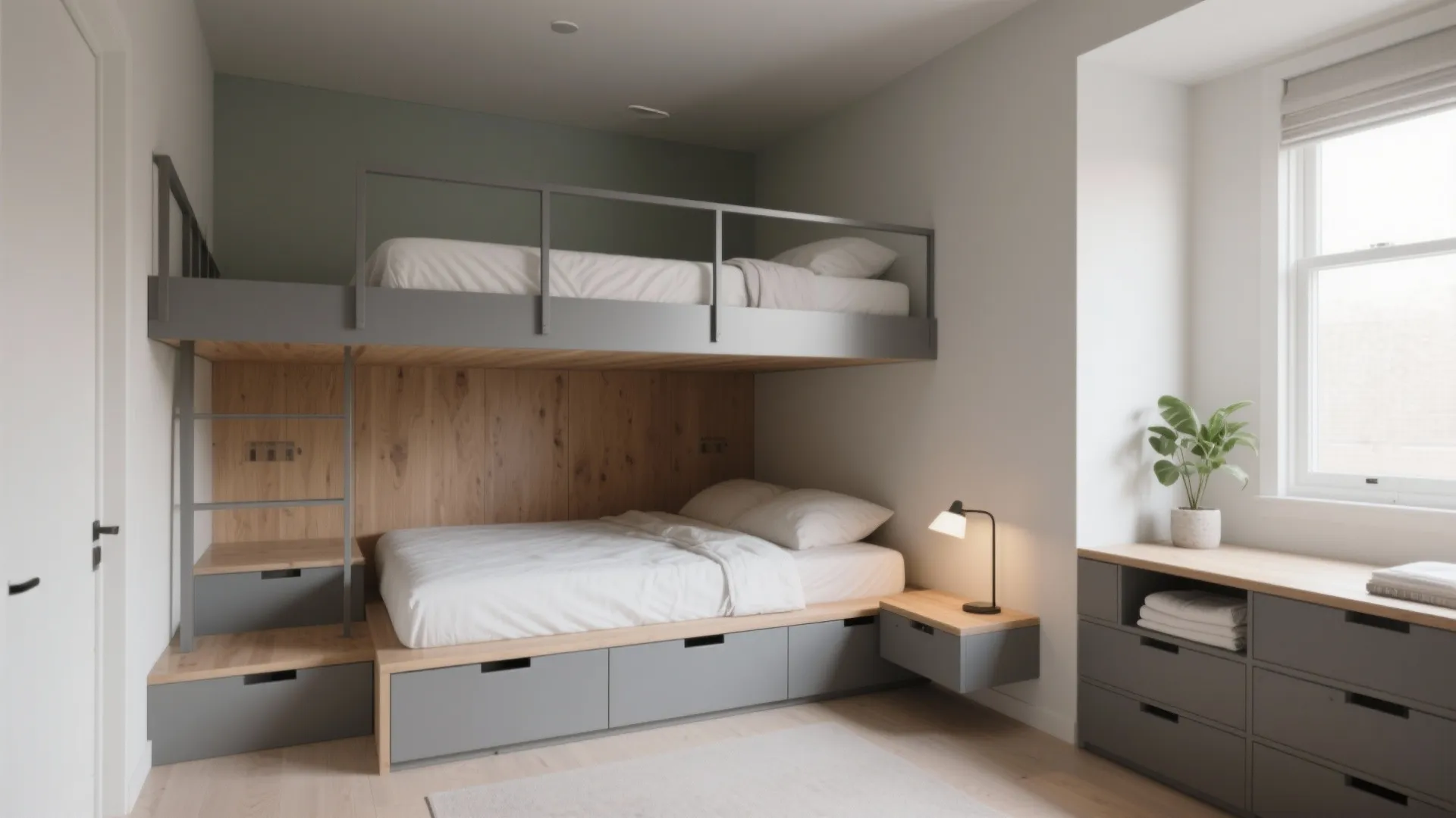 Low-profile loft platform with under-bed drawers in a compact studio and soft daylight.