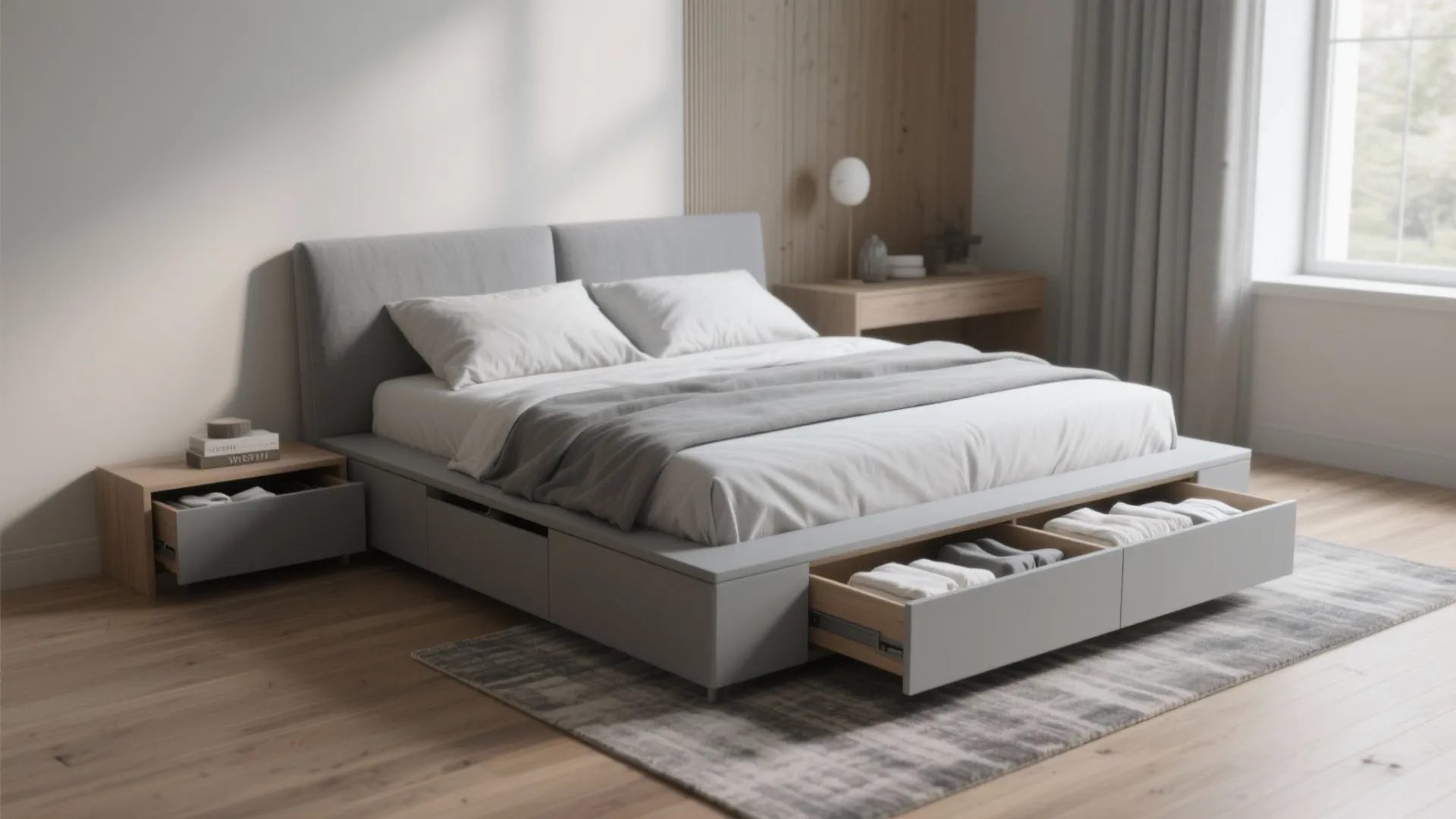 1. Low platform bed with built-in storage