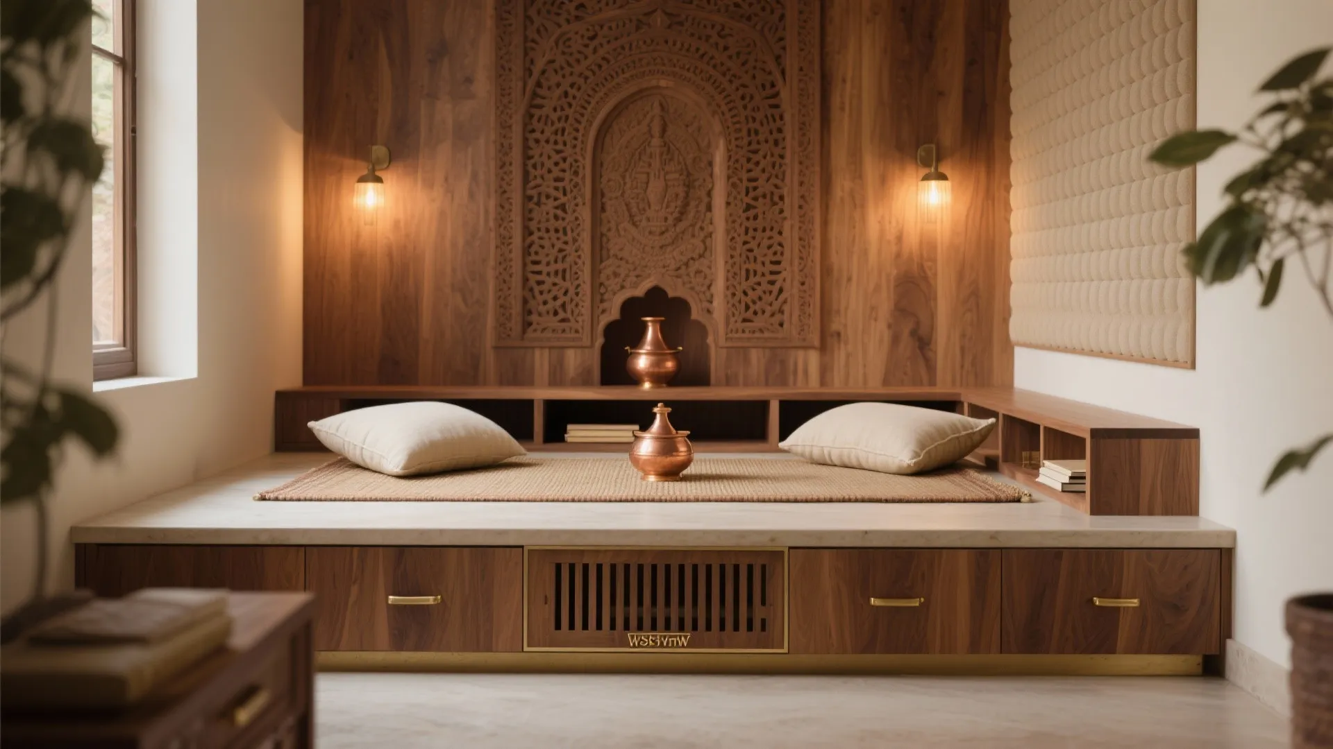 Low Plinth Mandir With Floor Seating