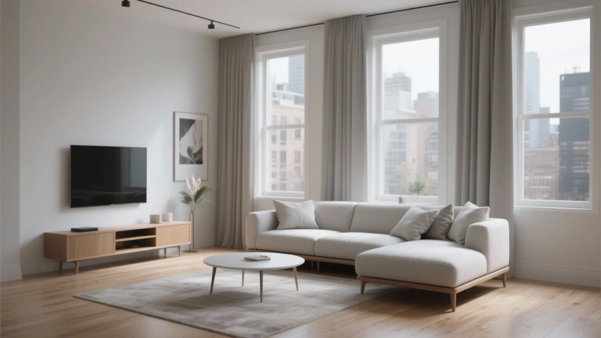 Modern living room with white sofa wooden cabinet round coffee table and three large windows