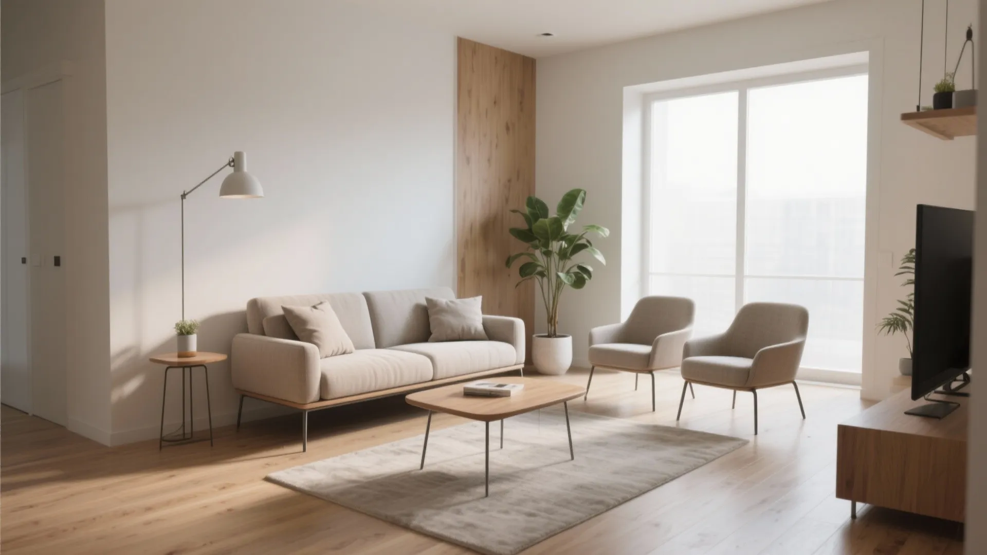 Modern living room with beige sofa and wooden coffee table and wall light and plants