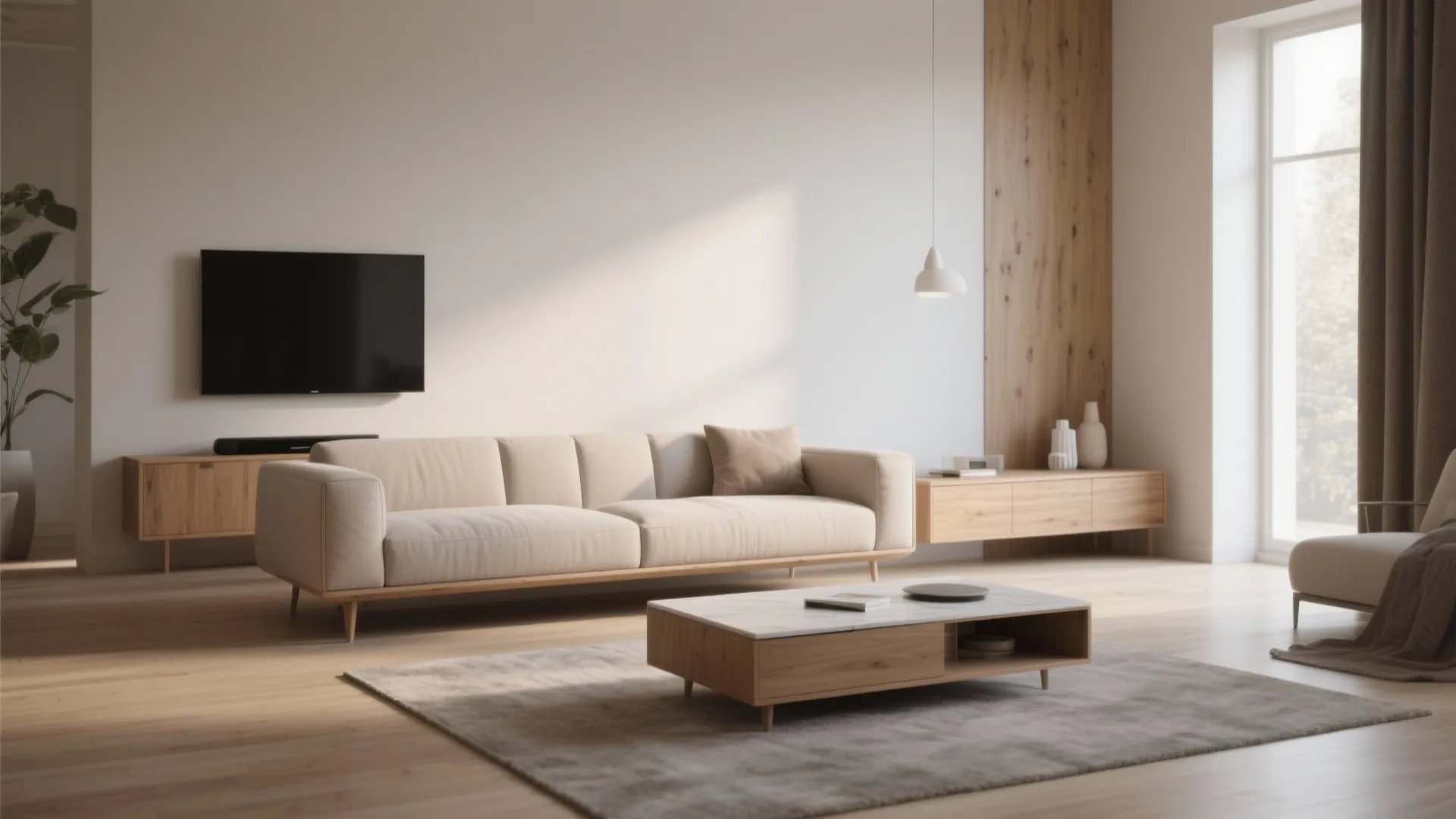 4. Pair floating seating with low-profile furniture to keep sightlines