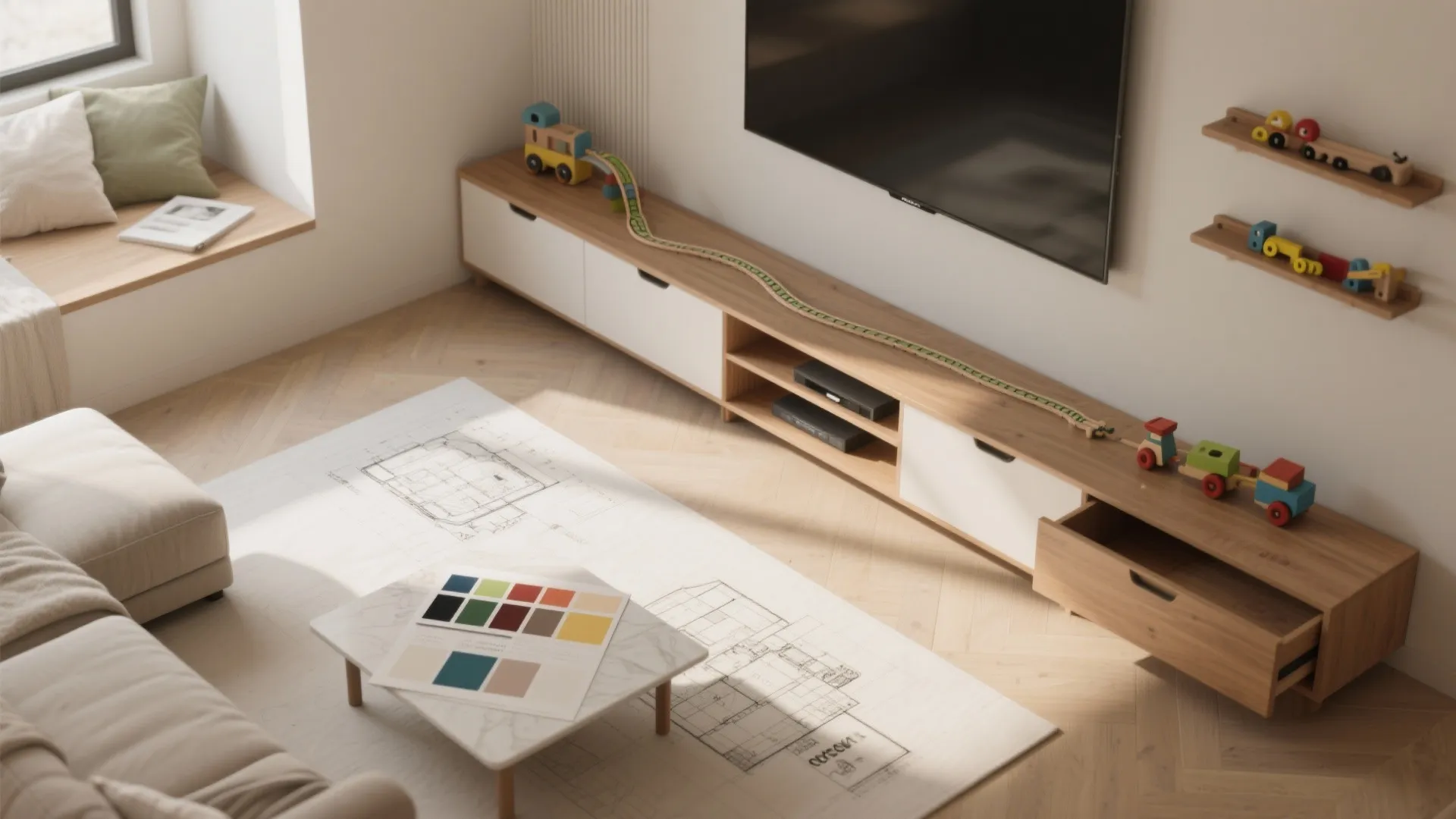 Interior design drawing on rug with wooden toy train on low cabinet under large television