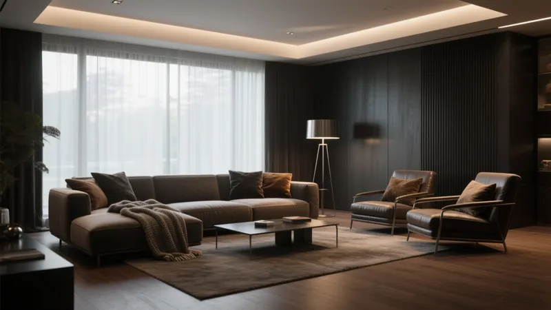 Modern Luxury Living Room with Dark Wood & Warm Lighting