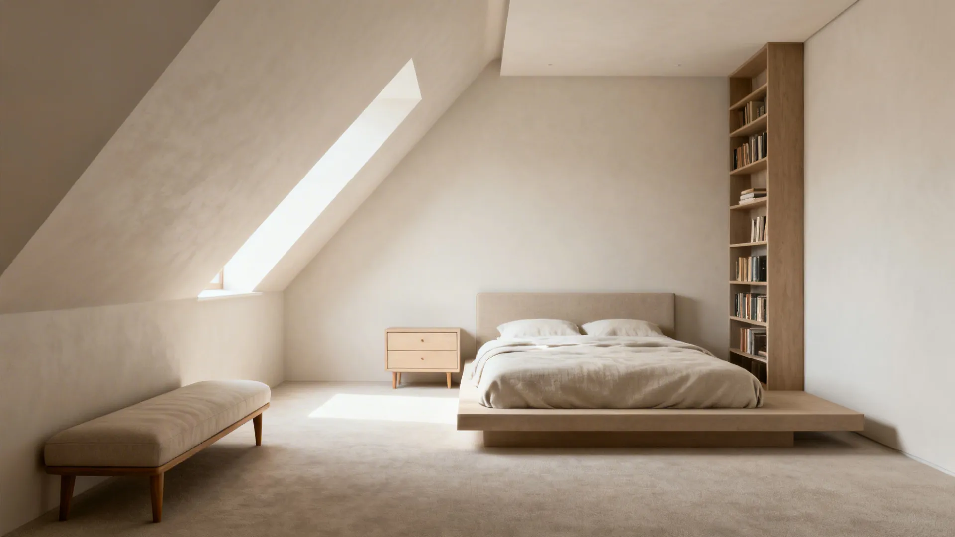 Minimalist attic bedroom with low bed, wooden bookshelf, side table, beige carpet, and roof window