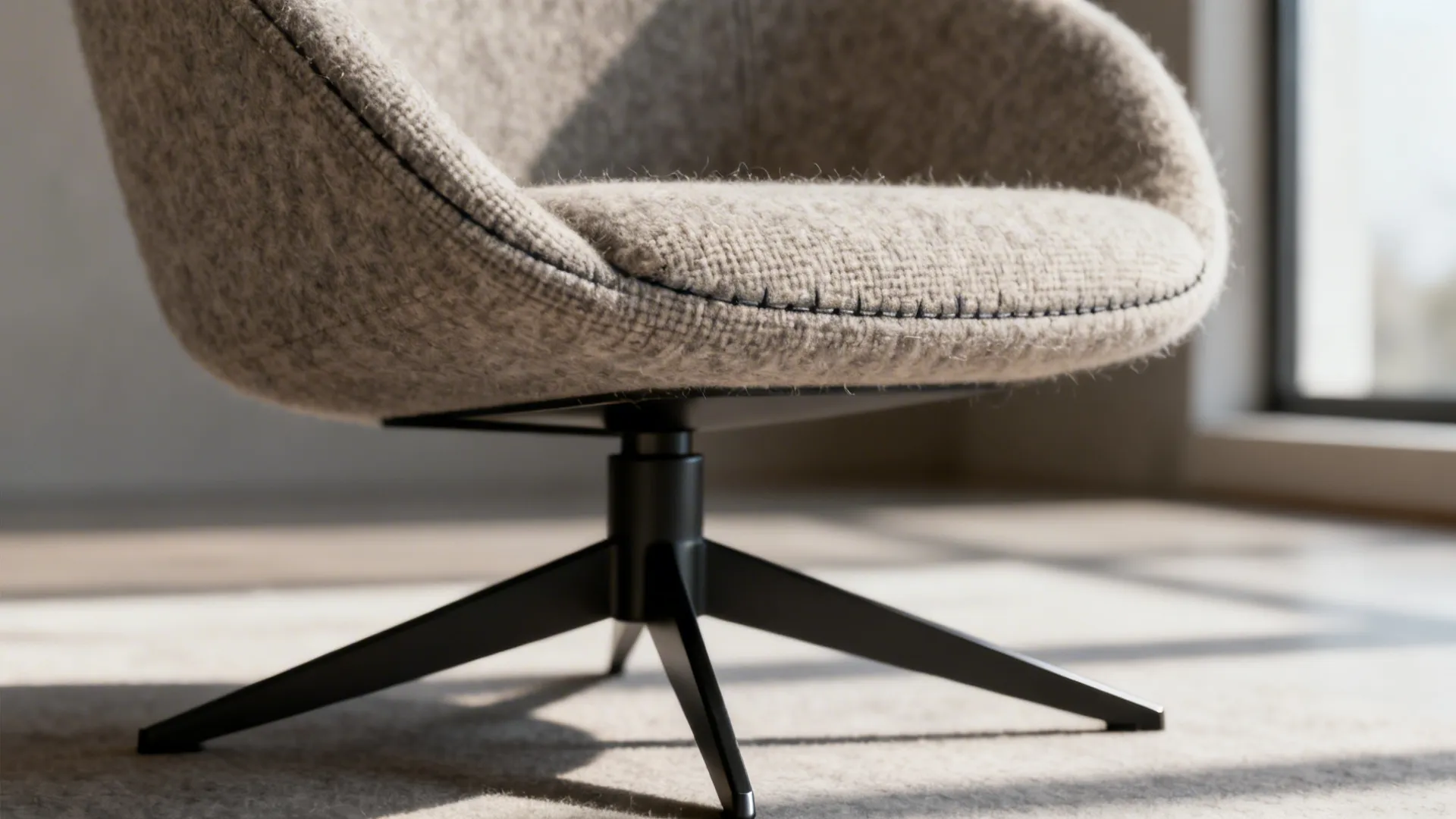 Close-up of a low-profile swivel chair showing thin metal base and neutral upholstery texture.