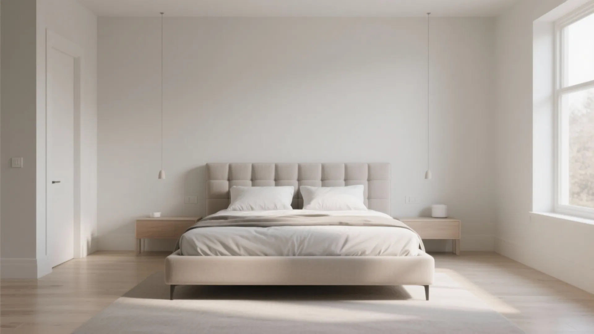 Minimalist white bedroom with a low bed, two small side tables, and hanging light fixtures