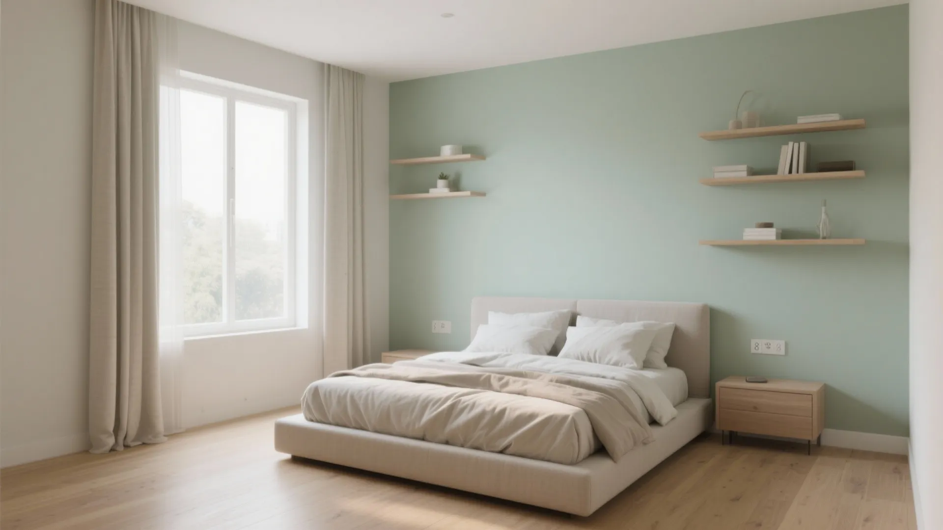 Minimalist bedroom featuring low bed green wall wooden shelves window and light colored wood floor
