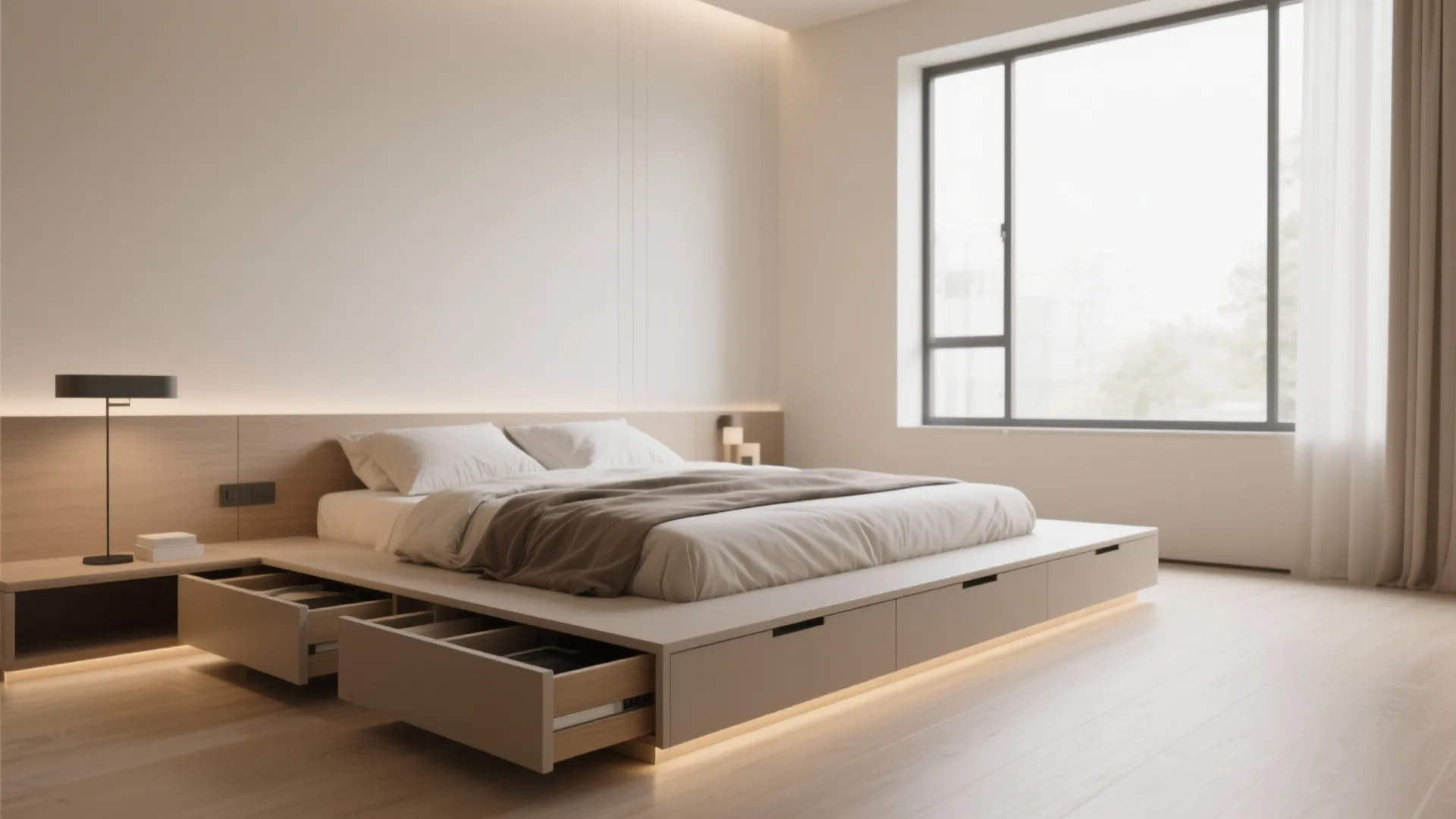 Low platform bed with built in storage drawers and integrated nightstand lamp in a modern bedroom