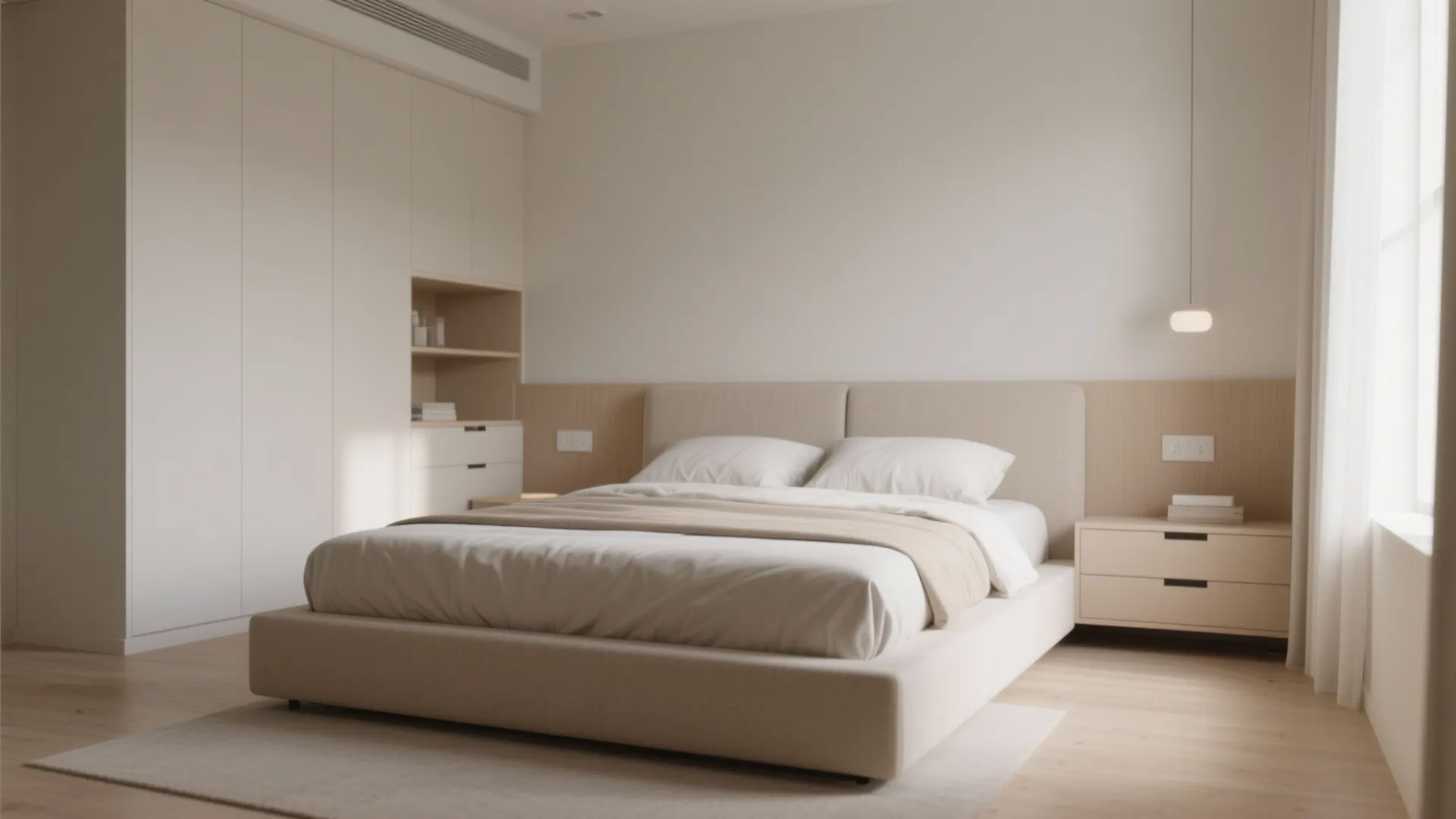 Low-profile platform bed with under-bed drawers in small room