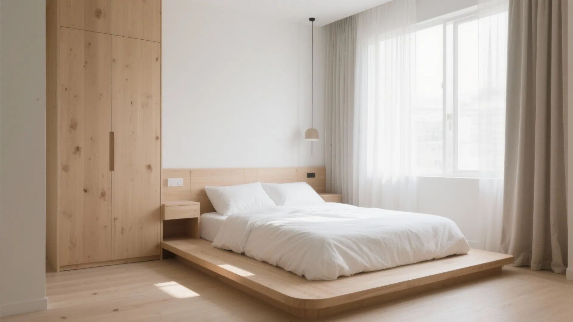 Bright bedroom with low wooden platform bed white walls tall wardrobe sheer curtains and natural sunlight
