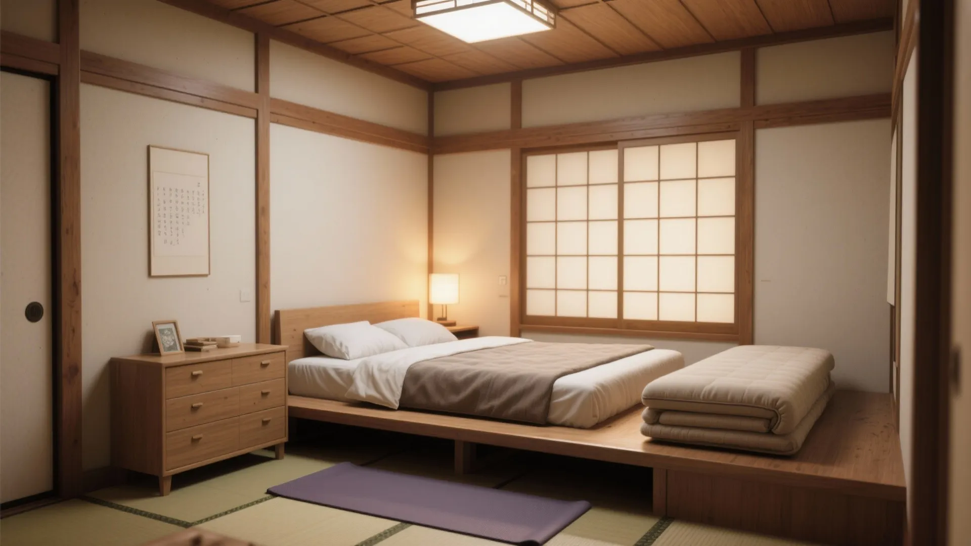 Small Japanese bedroom with low platform bed, short dresser and convertible futon for flexible space.