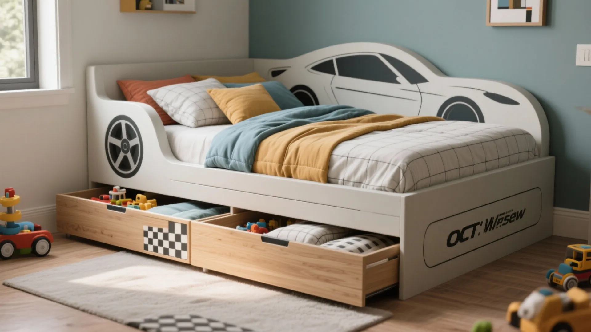 Low-profile platform race-bed with underbed storage and neutral removable panels.