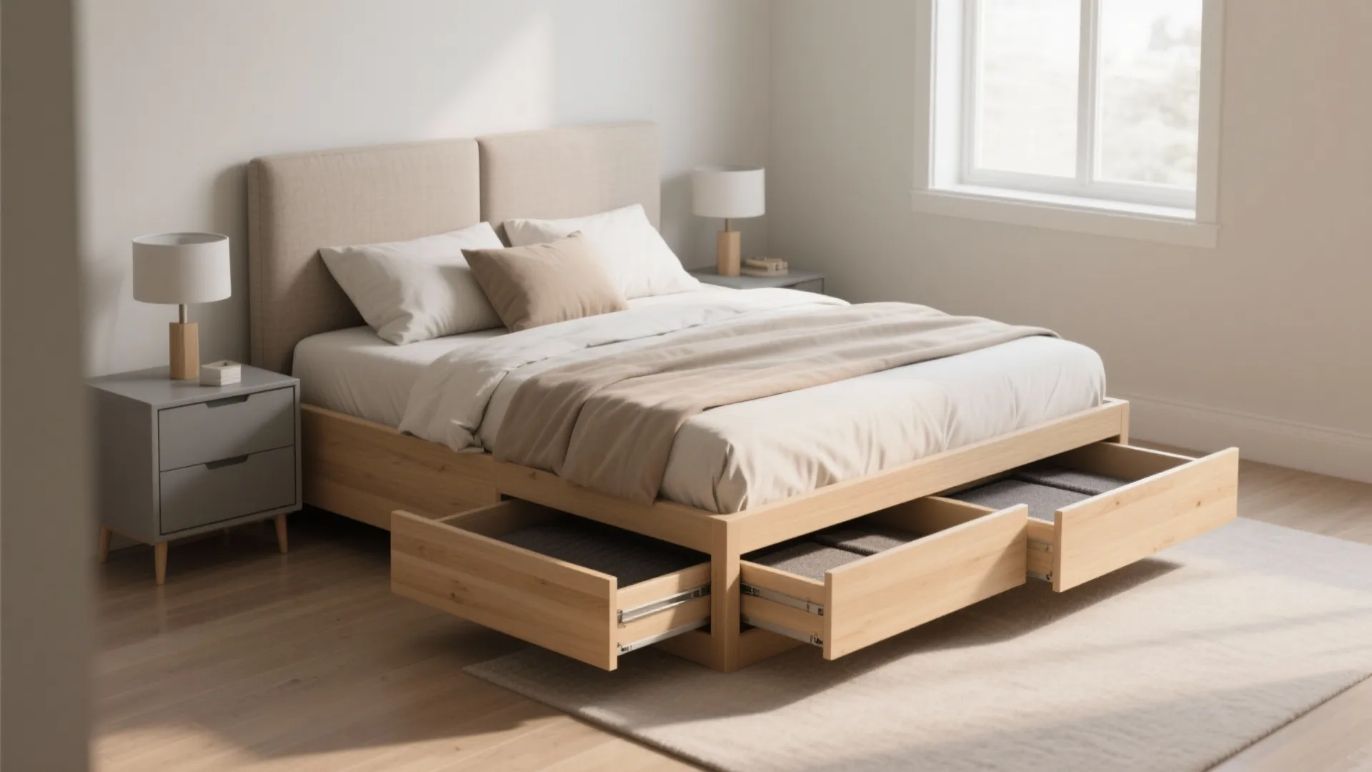 Low-profile queen bed with hidden storage
