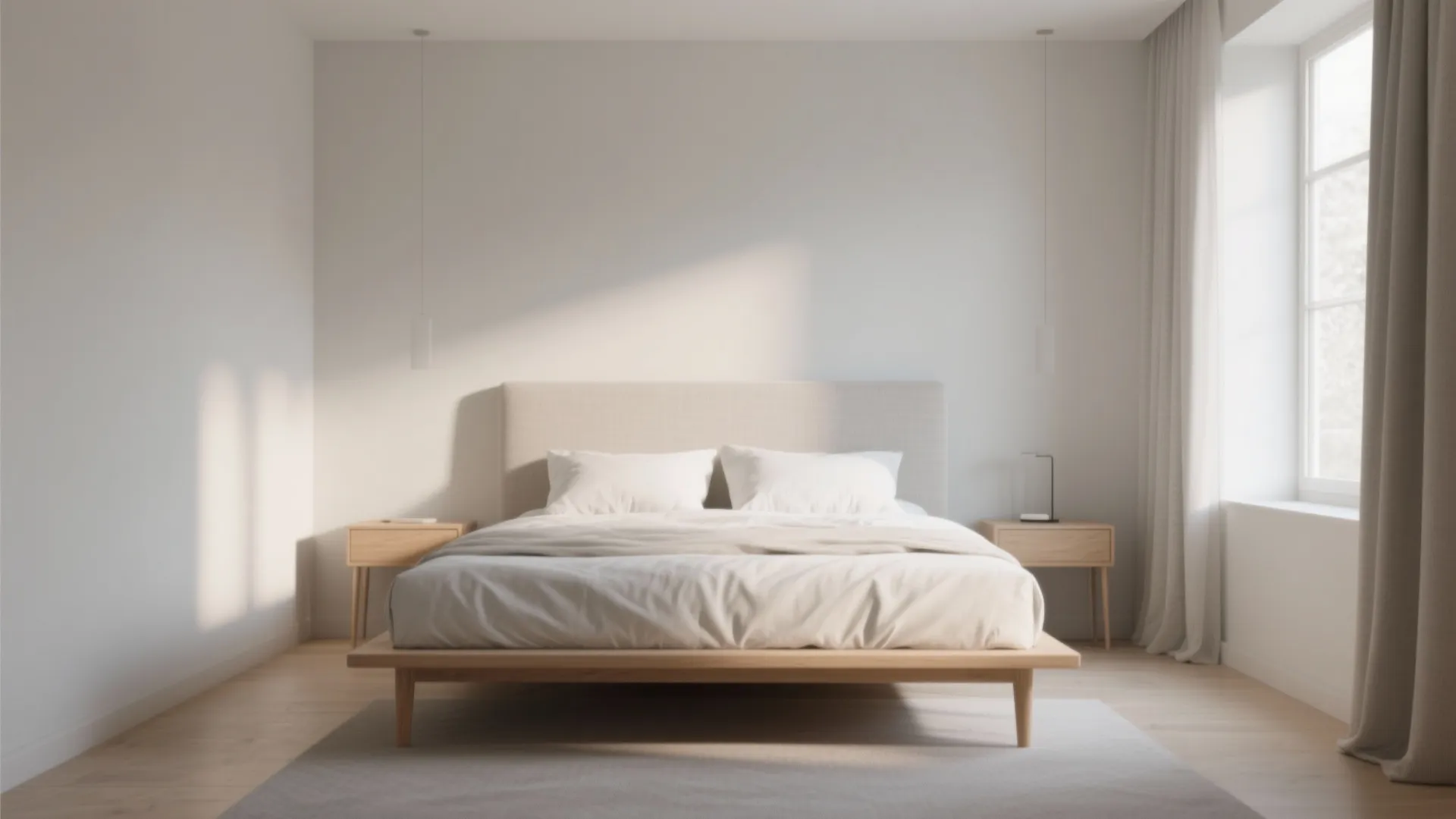 Low-profile queen bed in a small bedroom creating a higher ceiling illusion and airy feel.