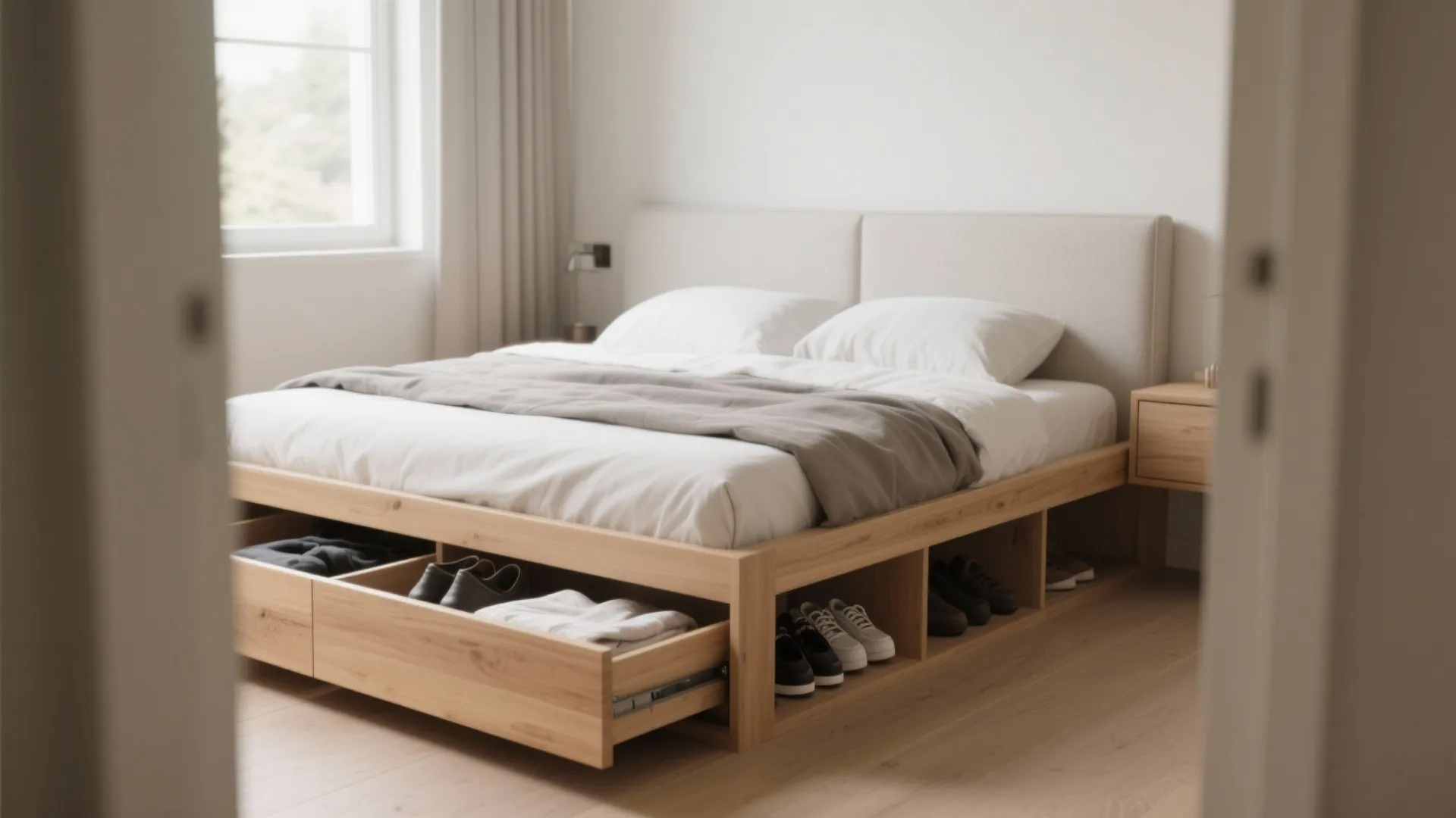 Low-profile platform bed with integrated deep drawers in a small bedroom, light wood and matte finishes for an airy feel.