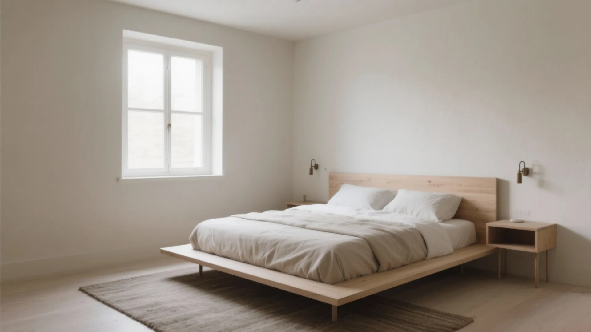Minimalist bedroom featuring a wooden bed, white walls, small side tables, wall lights, and window