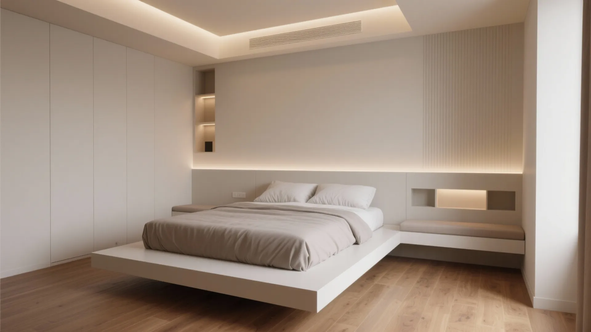 Small bedroom with a low-profile floating king bed and clear sightlines to the ceiling
