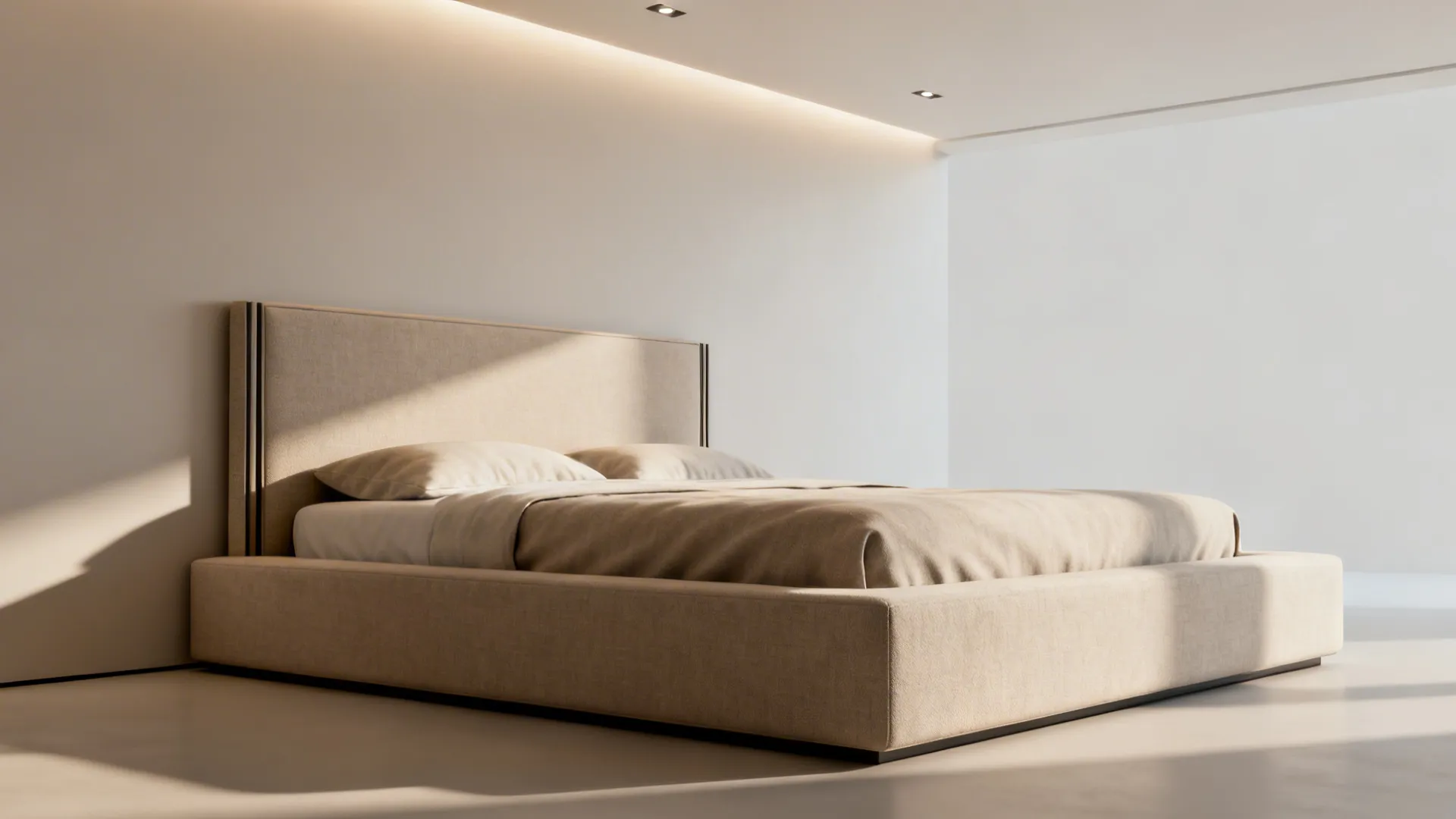 Low-profile king platform bed with a slim headboard and recessed lighting creating an airy feel