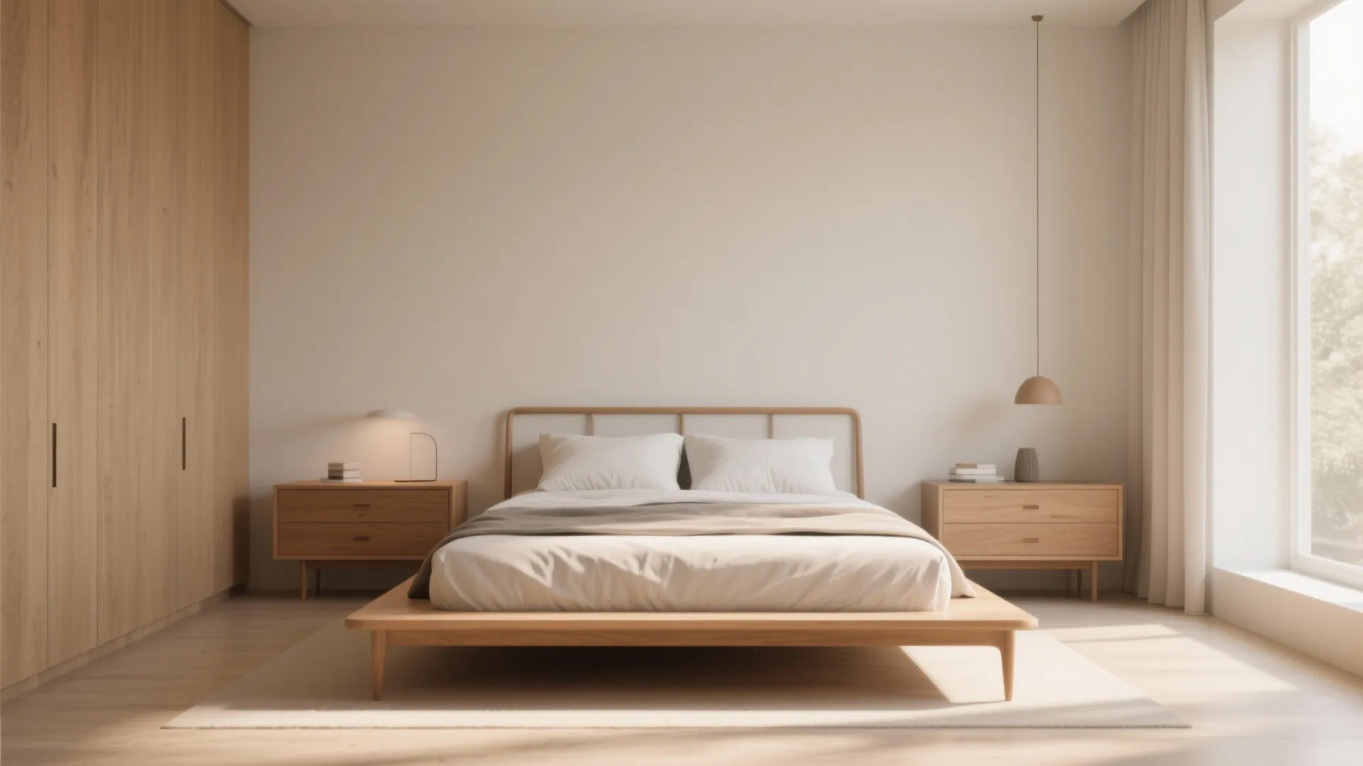 Minimalist wooden bed with white pillows beside large windows and two bedside tables under lighting