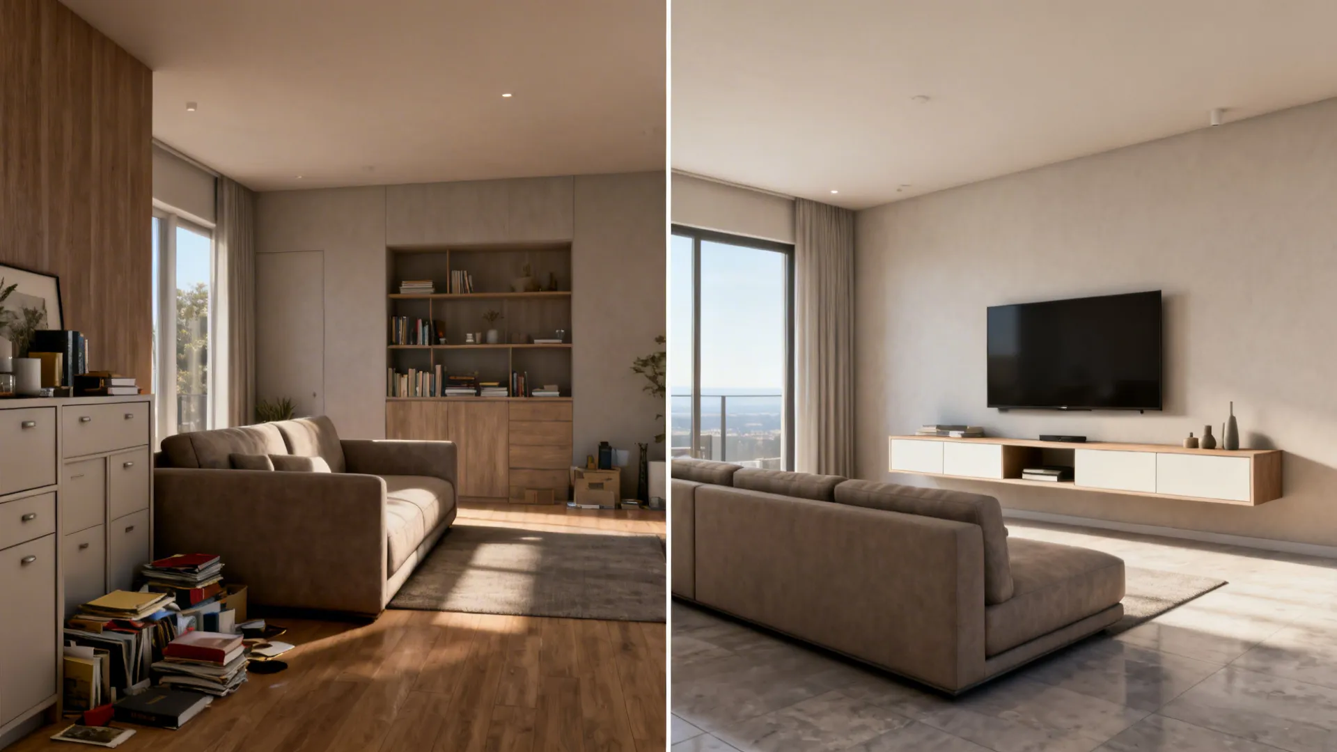 Before-and-after comparison showing how a low sofa and floating storage open up a small living room.
