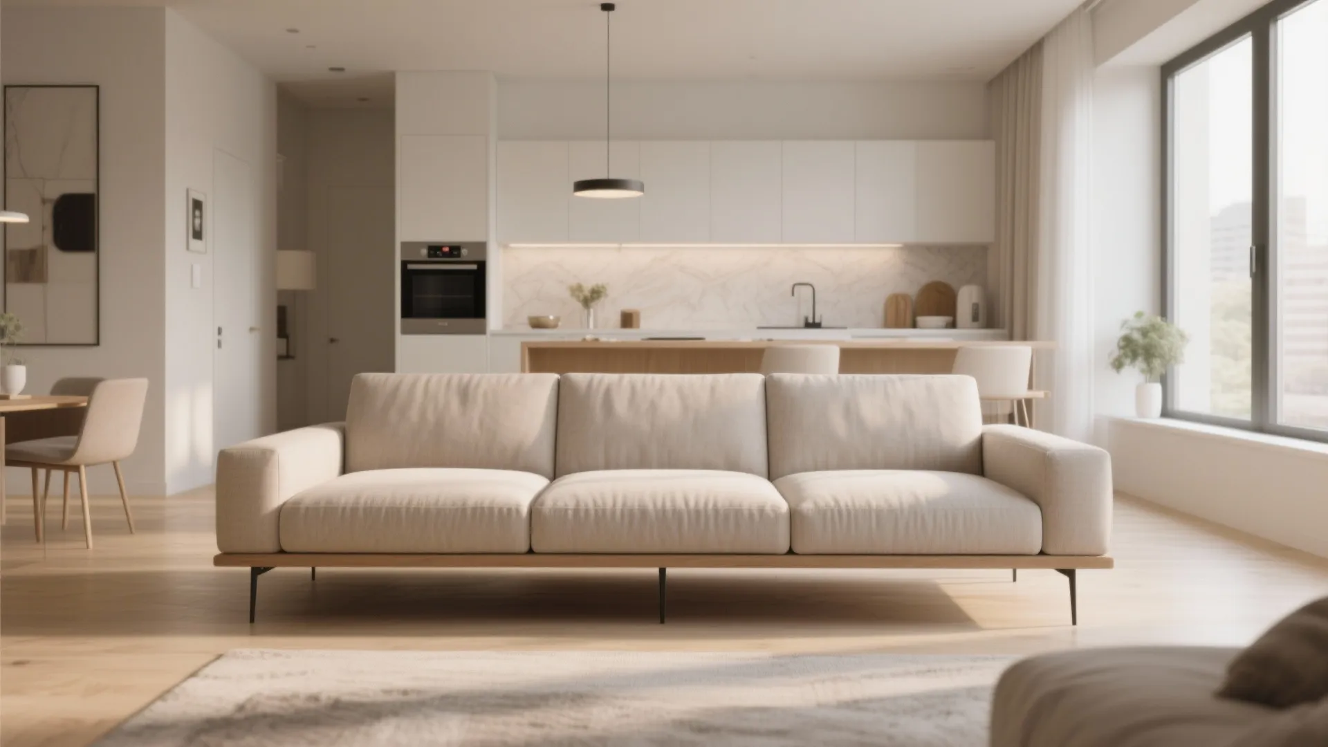 Modern beige sofa in open plan living room with white kitchen cabinets and wooden floor